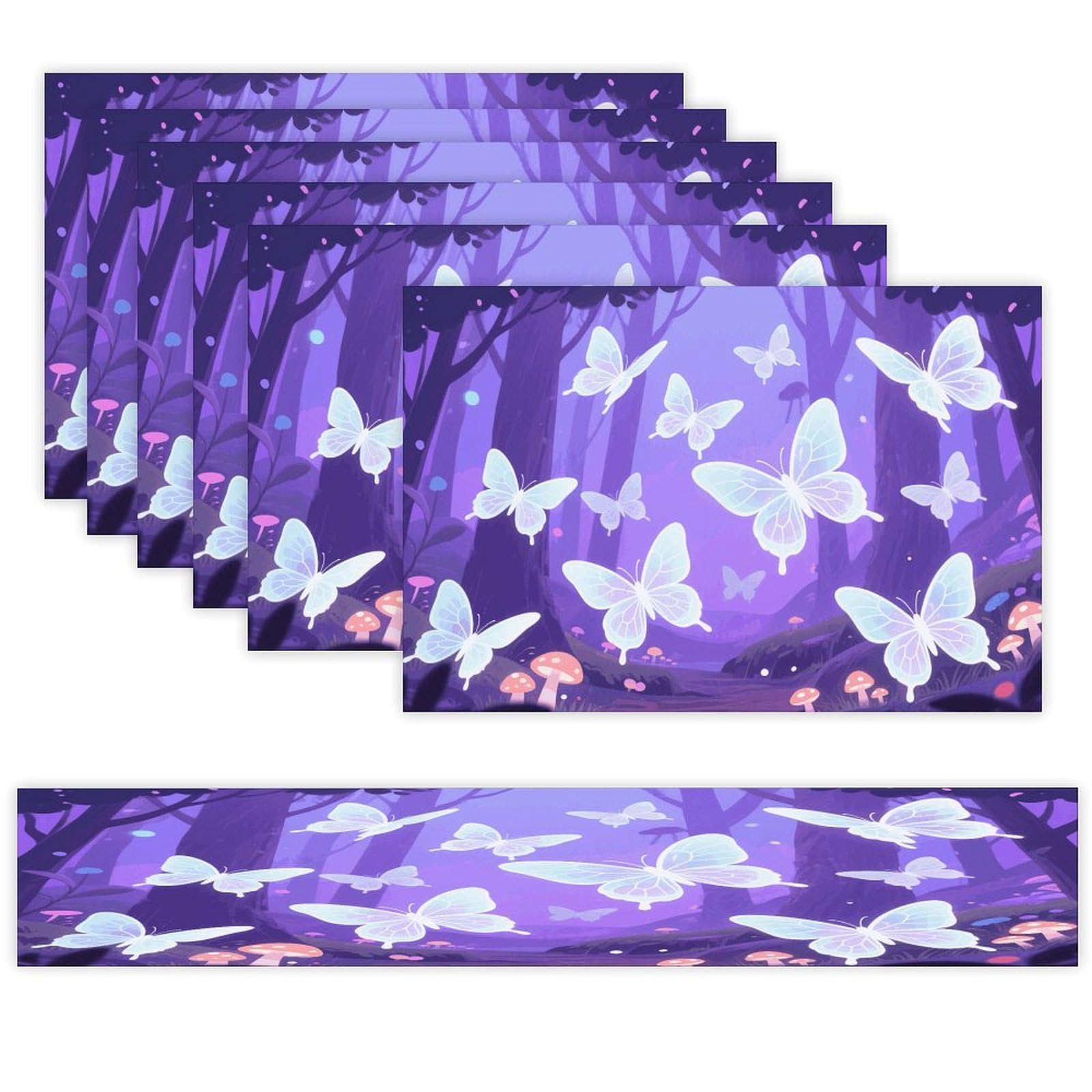 Butterfly Table Runner and Placemats Set of 7 Linen Table Mat Non-Slip Place Mats Washable Placemat Heat Resistant Place Mat with Table Runner for Party Dining Decor
