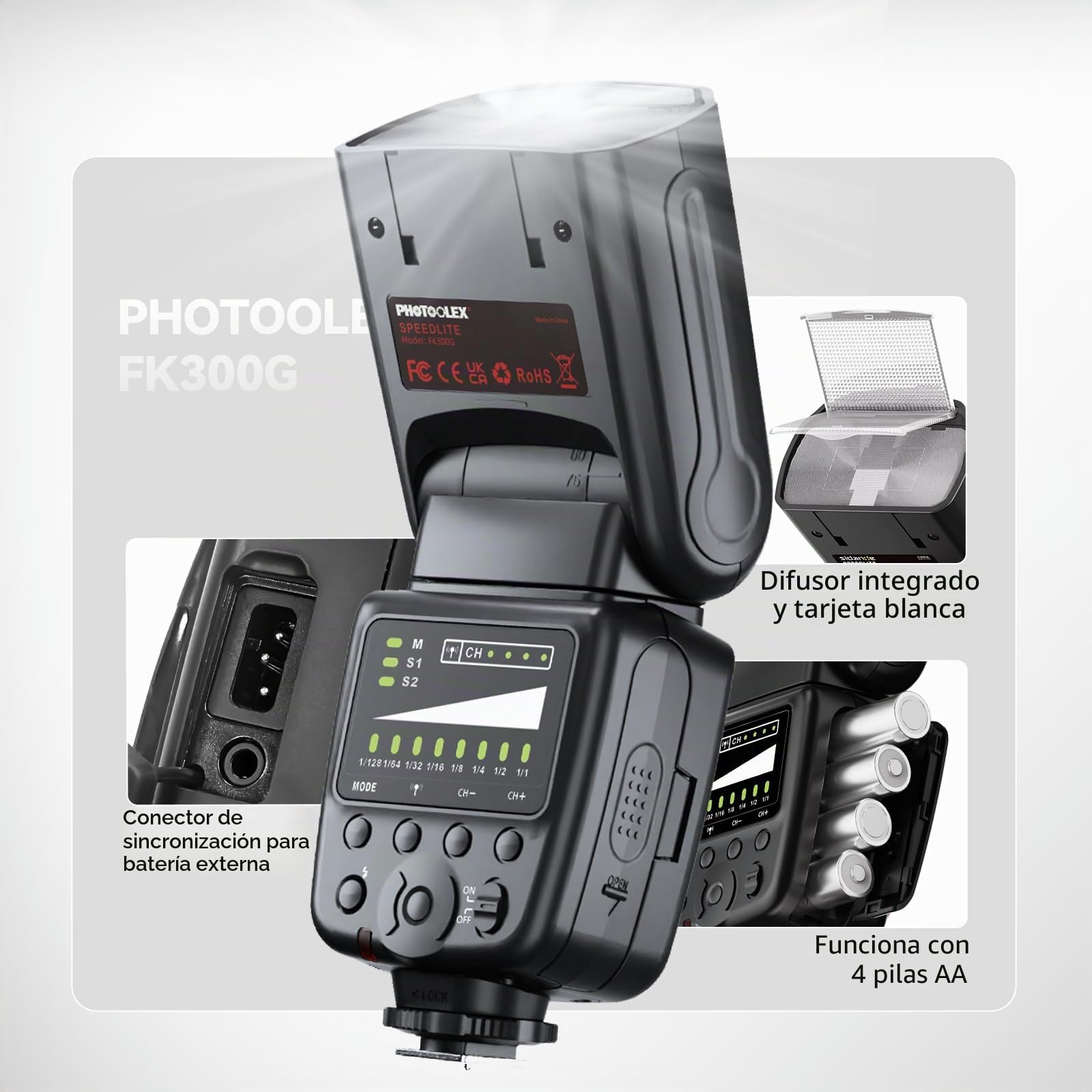 PHOTOOLEX Flash Speedlite 2.4G con disparador inalámbrico para Canon, Nikon, Sony, Panasonic, Olympus, Pentax, Fujifilm Sigma Minolta y otros SLR Digital