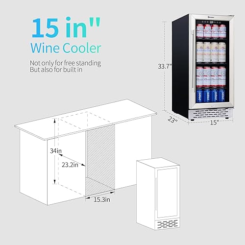 Miniatura 5 de Refrigerador de bebidas de 15 pulgadas debajo de la encimera, refrigerador de bebidas de 130 latas con puerta de vidrio templado y cerradura,