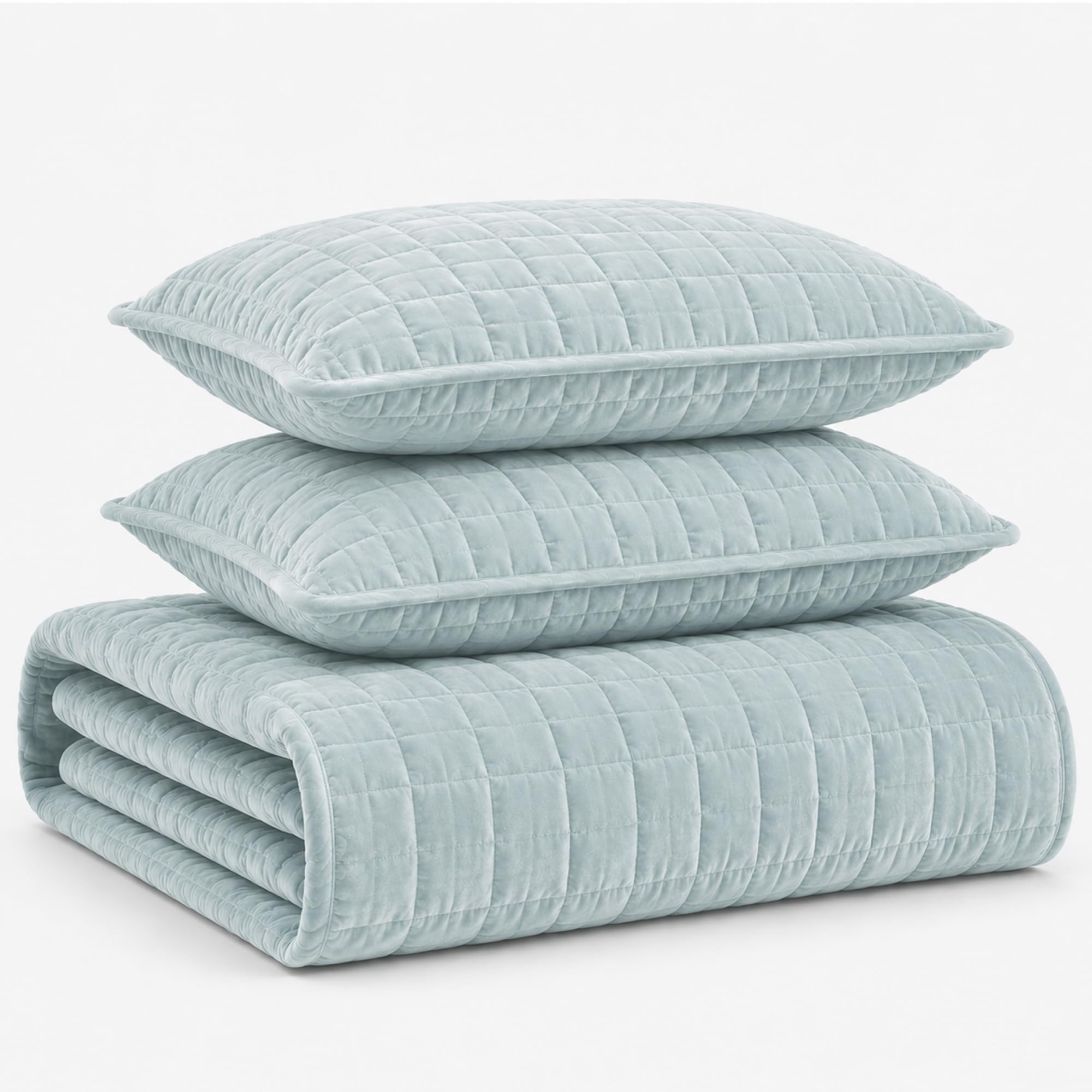 Tribeca Living Florence Velvet Oversized Solid Quilt Set, Polyester, Haze Blue, Queen