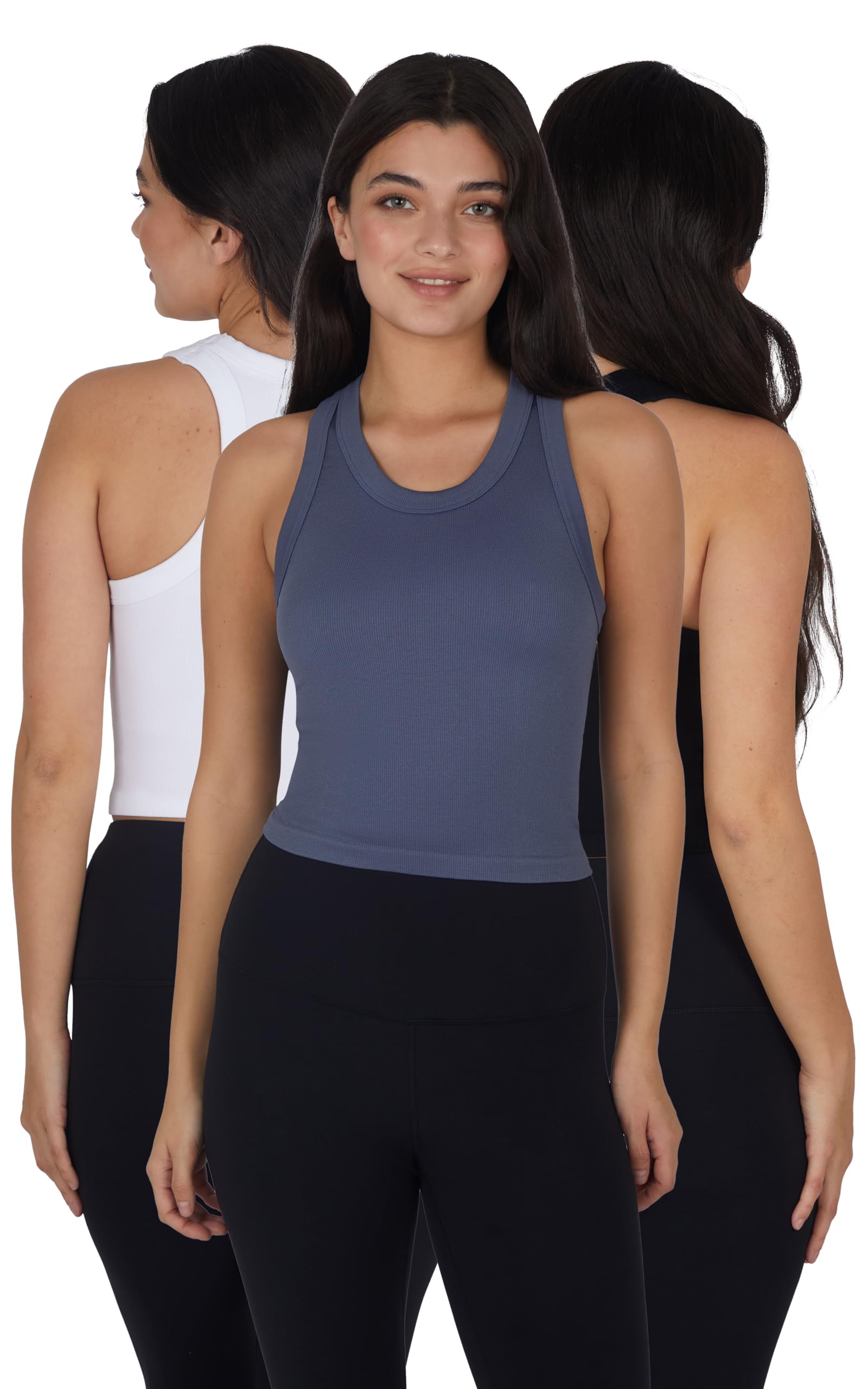 90 Degree By Reflex Womens Seamless Tank Ribbed Fitted Racerback Top 3 Pack - Grisaille/White/Black - Medium