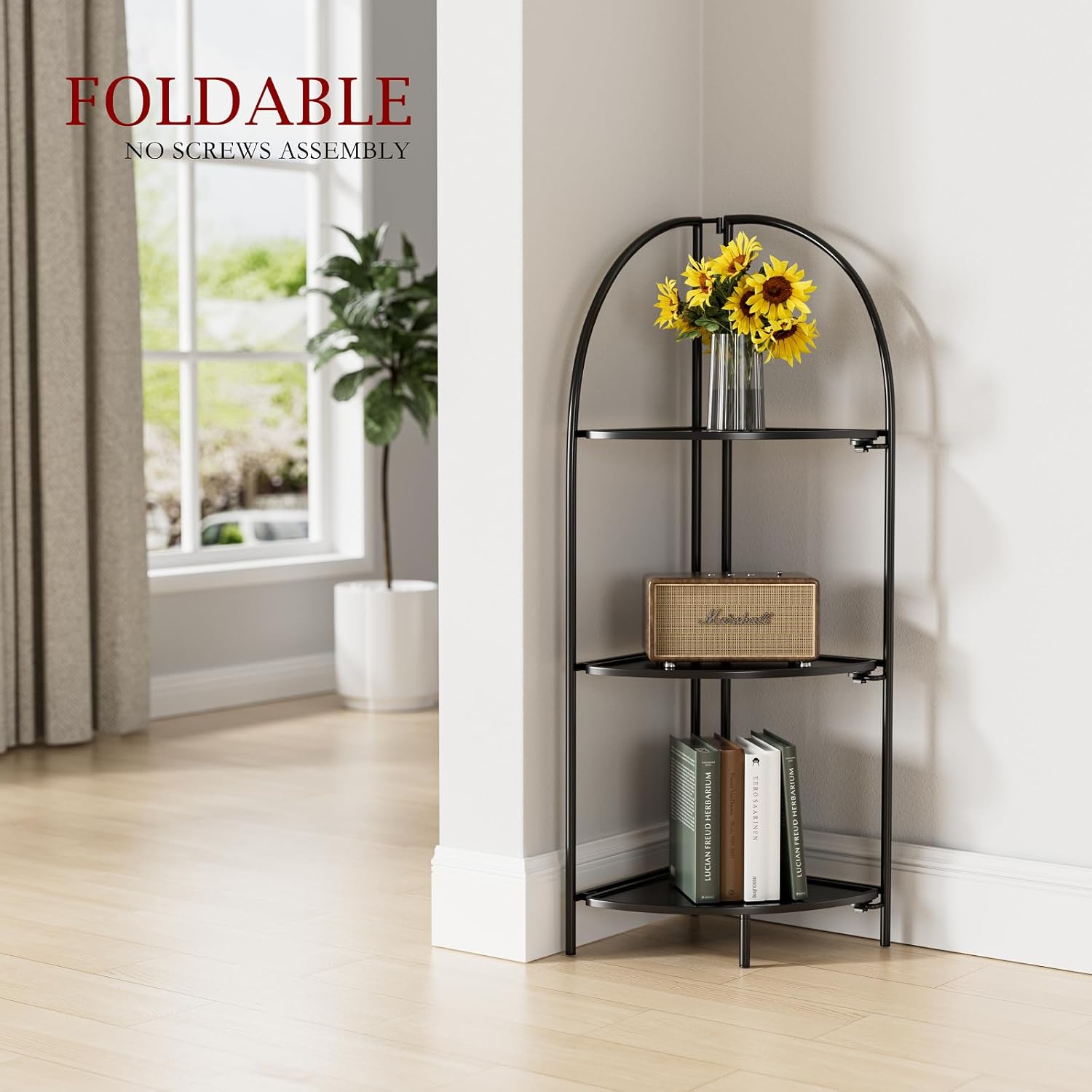 crofy foldable 3 tier corner shelf, metal corner plant stand with black frame and black shelves, corner display rack multipurpose shelving unit for living room, bedroom, bathroom black frame & black shelf 3 tier