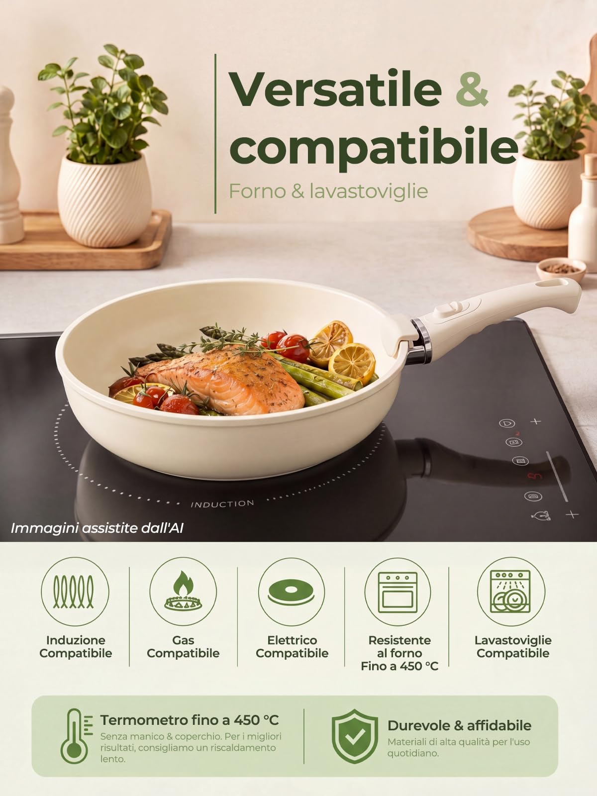 Set pentole antiaderente 17 pezzi - Batteria di cucina con manico removibile - Rivestimento ceramico antiaderente