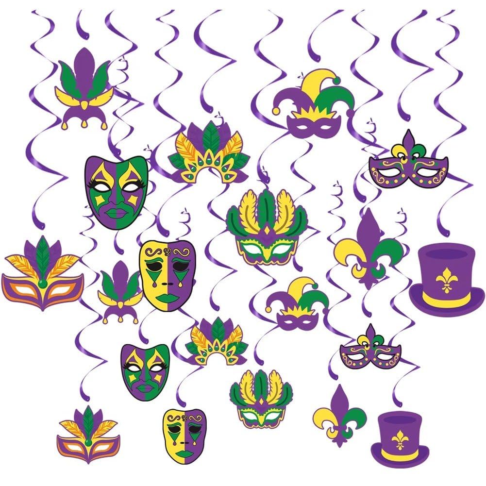 Mardi Gras Dekoracje, Mardi Gras Wiszące Wiry, Mardi Gras Dekoracje urodzinowe na artykuły imprezowe na maskaradę