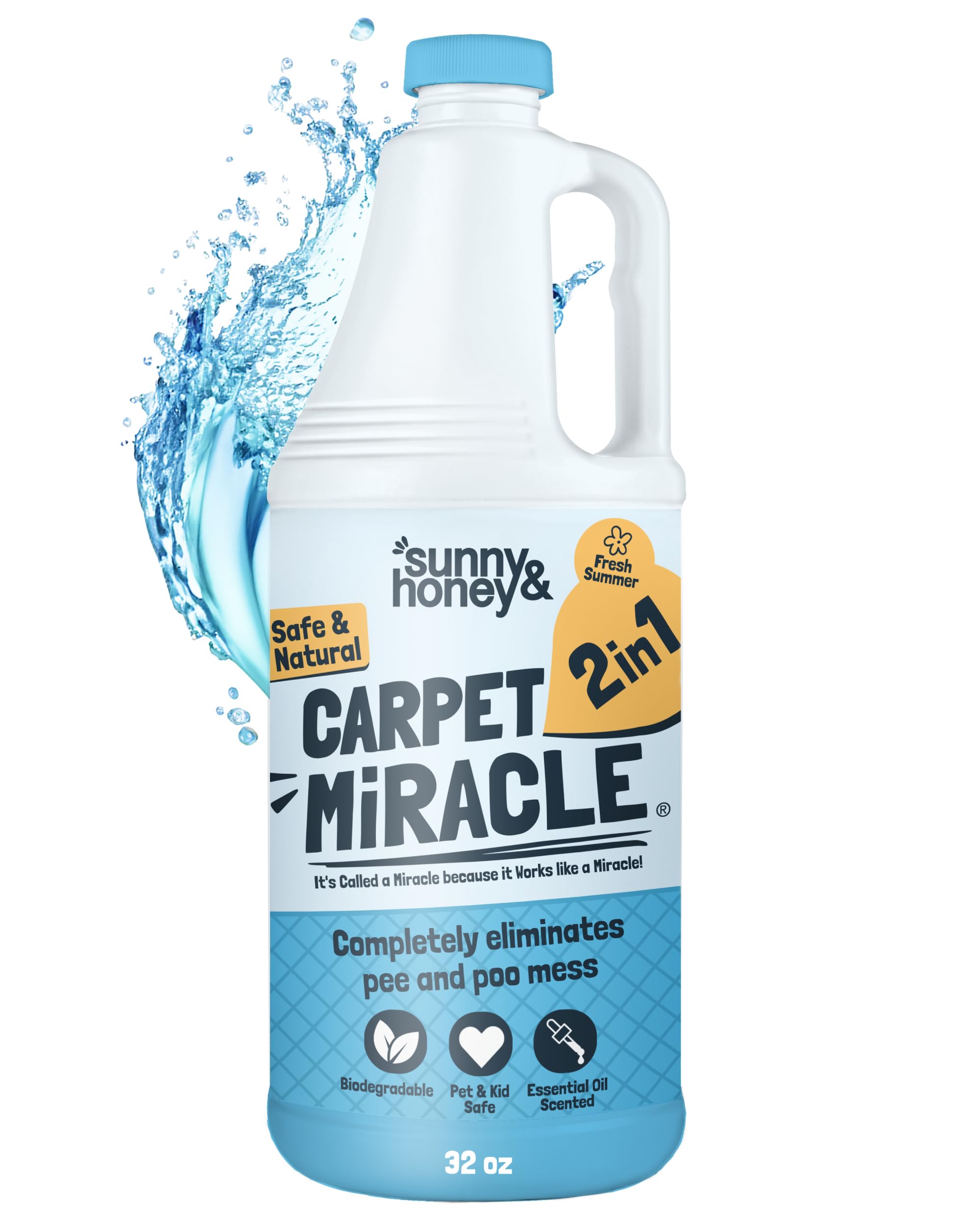 Sunny & Honey Carpet Cleaner Solution - 32 Fl Oz, Fresh Summer Scent - Rug Shampoo & Upholstery Cleaning Solution - Pet Odor Eliminator & Pet Stain Remover