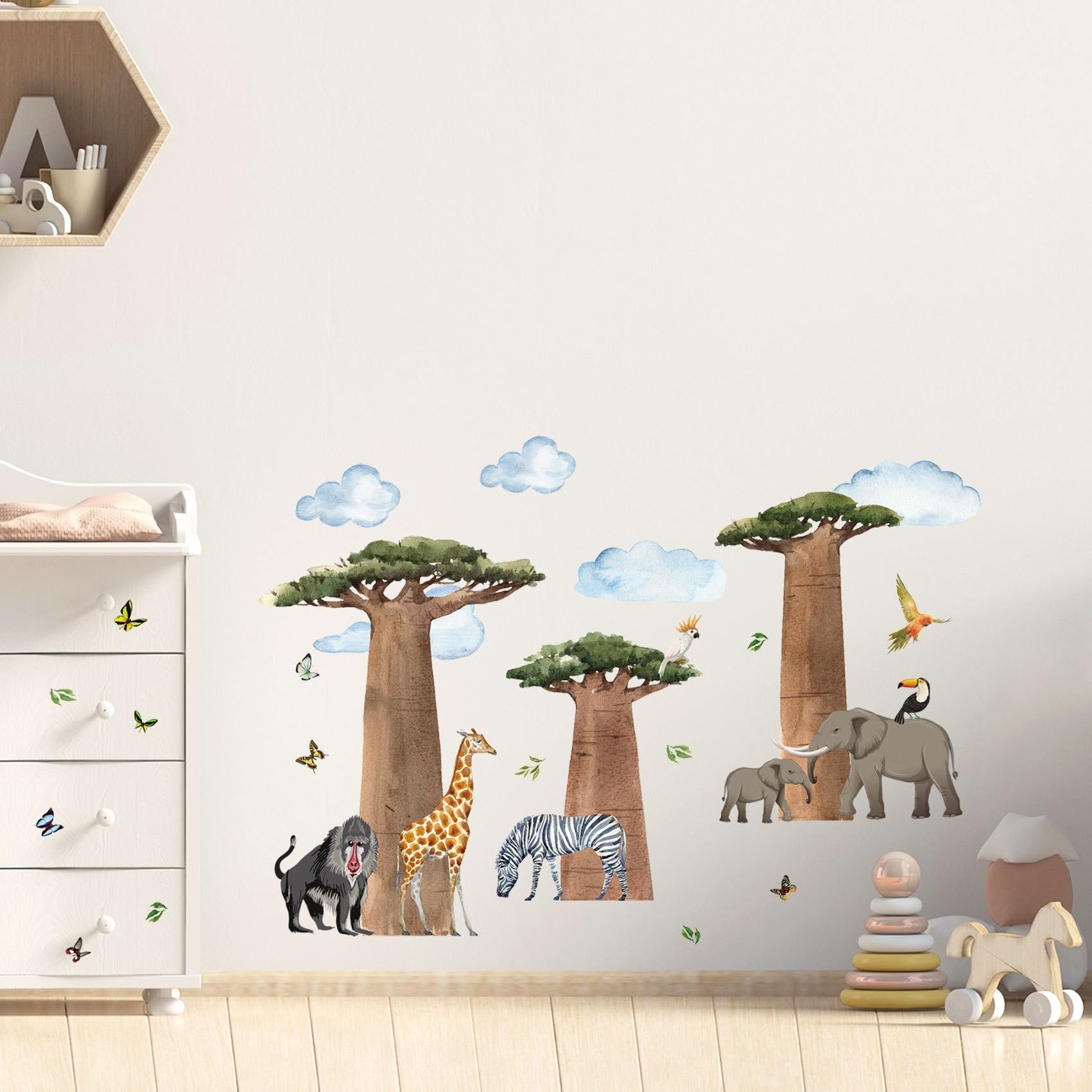 Zestaw naklejek ściennych ze zwierzętami safari, afrykańskie baobaby z dziką przyrodą, duży rozmiar 118 x 70 cm, naklejki do pokoju dziecięcego w stylu akwareli