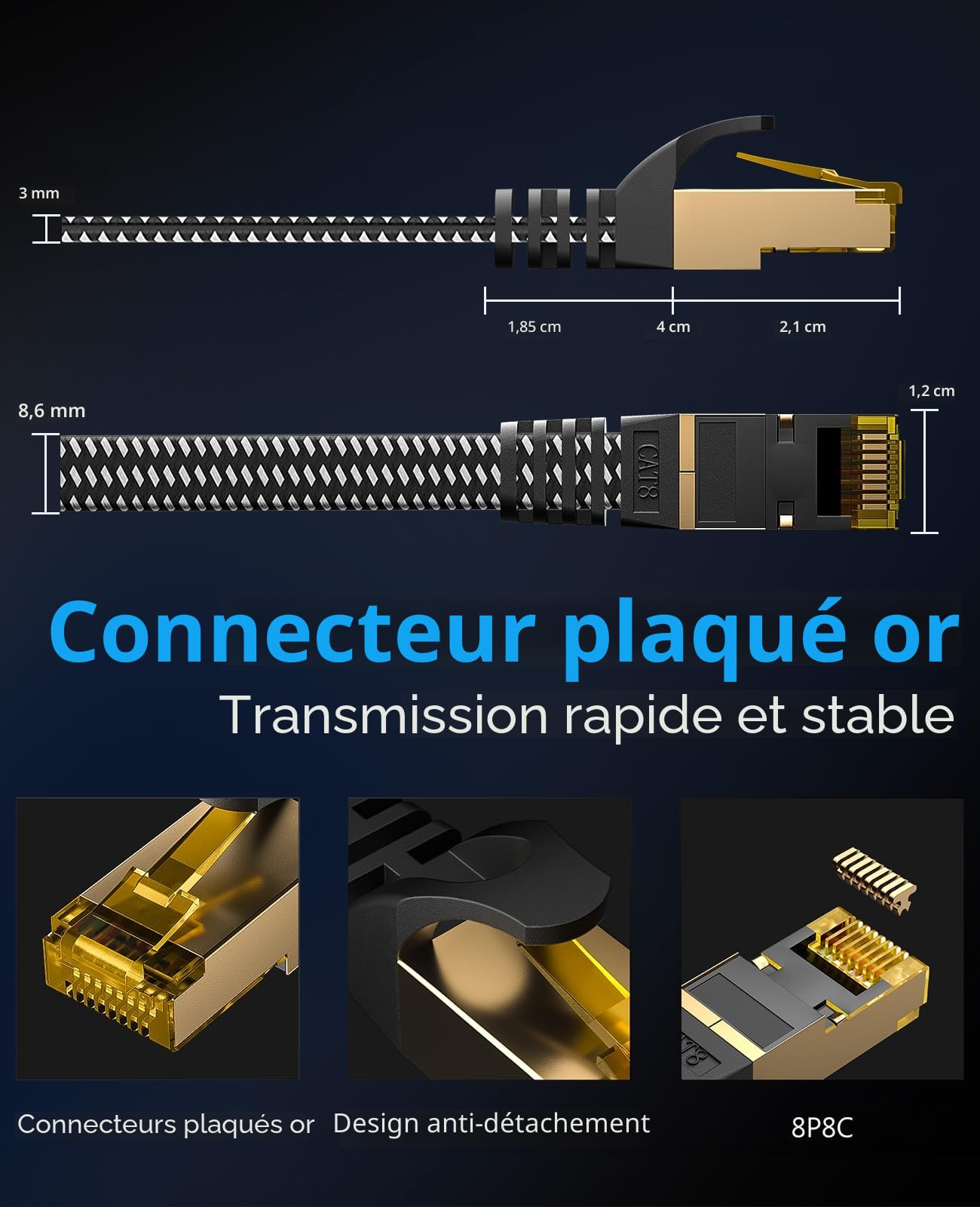 ARISKEEN Cat 8 Câble Ethernet 10M, Cat8 Tressé Plat Haut Débit 40Gbps 2000Mhz/s Gigabit Rj45 STP Câble Blindé Réseau Lan
