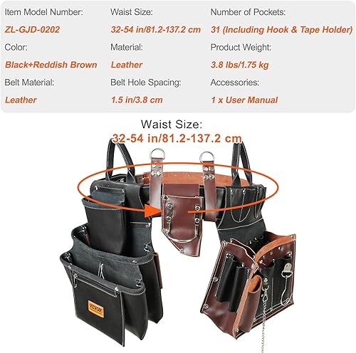 Miniatura 9 de VEVOR Cinturón de herramientas de cuero, bolsas de herramientas de enmarcar para carpintero, construcción, marcos y electricista (negromarrón)