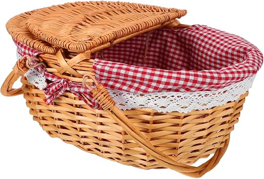 Portable Handwoven Willow Picnic Basket with Double Folding Handles and Lid Decorative Wicker Hamper with Removable Liner Spacious Storage for Outdoor Activities Market Shopping