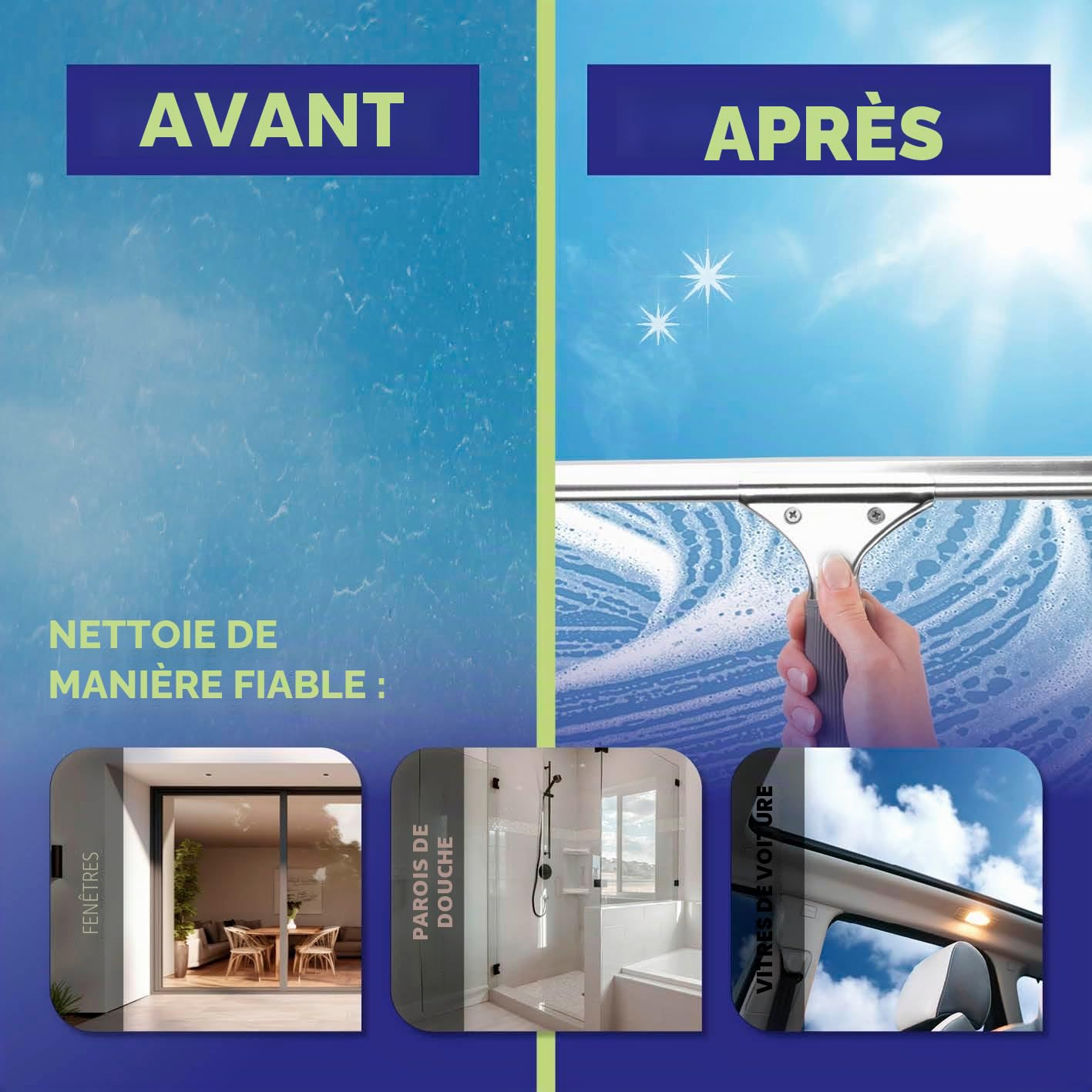 Set Complet de Nettoyage pour vitres | Nettoyage Professionnel des fenêtres | INCL. raclette pour vitres, Seau de 12 litres avec Support, raclette, Chiffon, Microfibre et Produit
