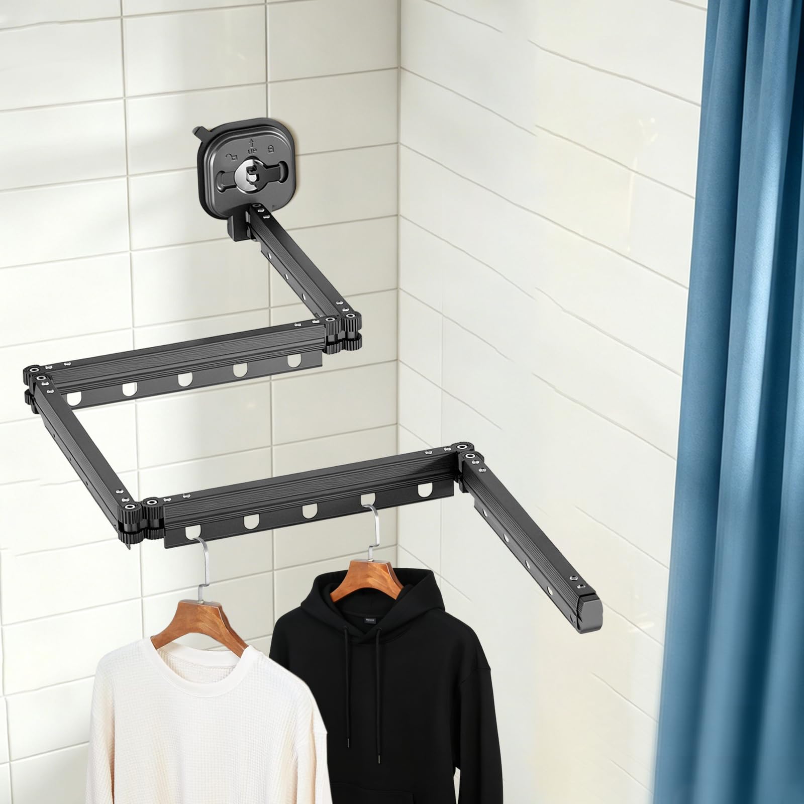 5-Fach faltbarer Wandwäschetrockner(5*34 cm) Wäscheständer Ausziehbar Kleiderstange mit 25 Standard-Hänge Löchern Halten und Vakuum-Saugnapf Handtuchhalter aus Aluminium Legierung für Balkon