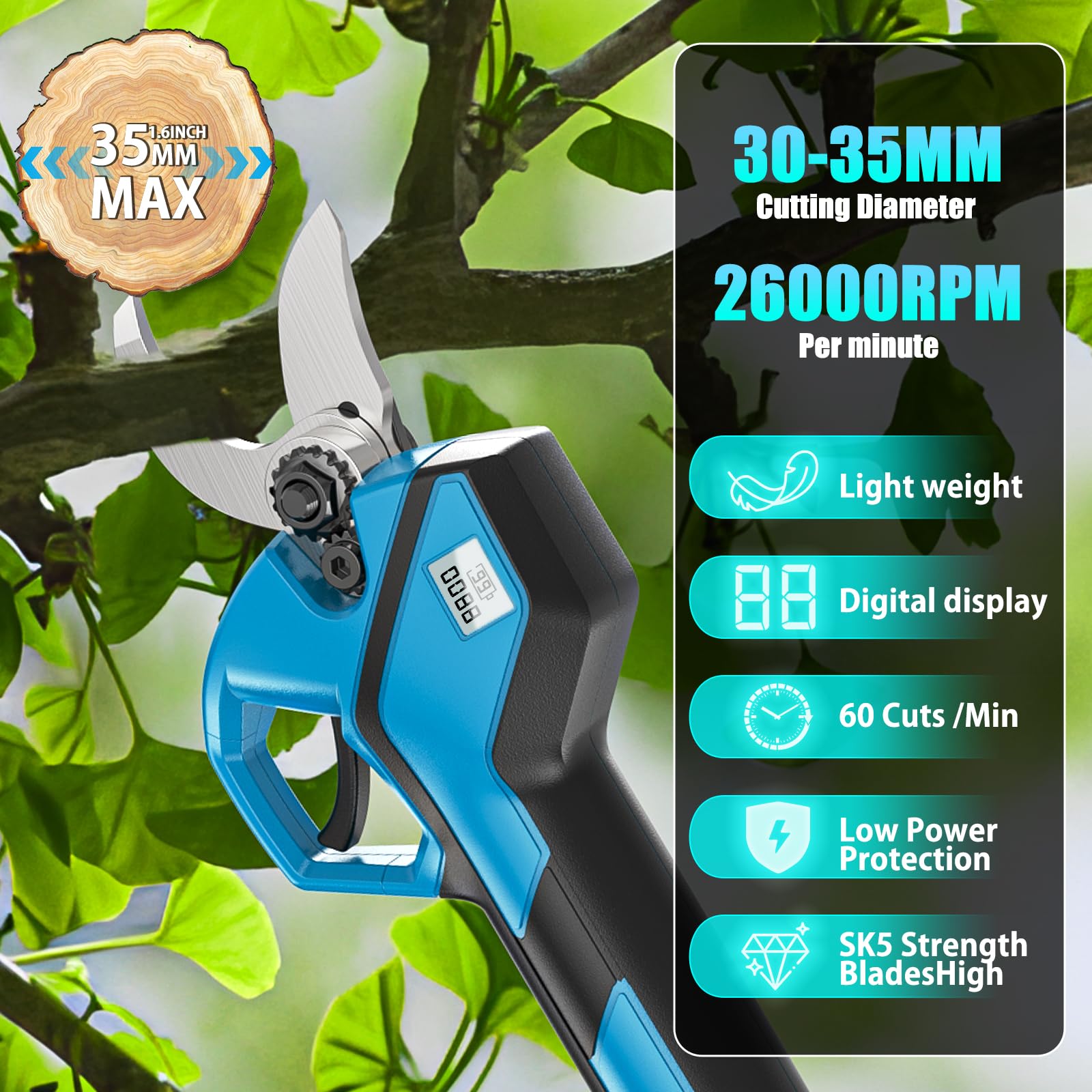 Professionelle Akku Astschere, 35MM Gartenschere mit 2 Akku 4.0Ah, 1000W Bürstenloser Motor Bypass Baumschere, Elektrisch Garten Schere mit LED-Schnittzählerm Sicherheitsschalter Für Äste & Sträucher