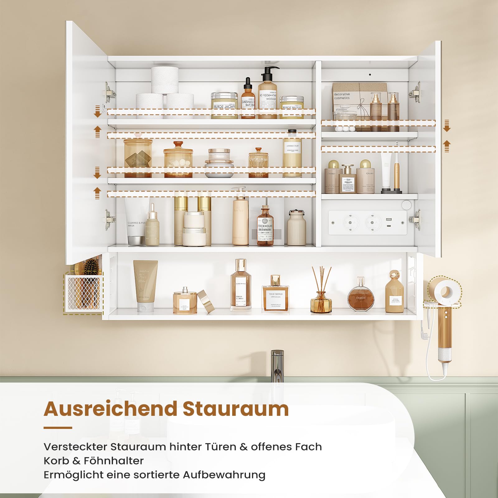 FORABMAB Armoire Toilette Miroir avec éclairage LED et Prise, Meuble Salle de Bain avec Miroir HD, Étagère Réglable, Panier Suspendu,Support pour Sèche-Cheveux,Armoire Salle de Bain,16x70x80 cm,Blanc