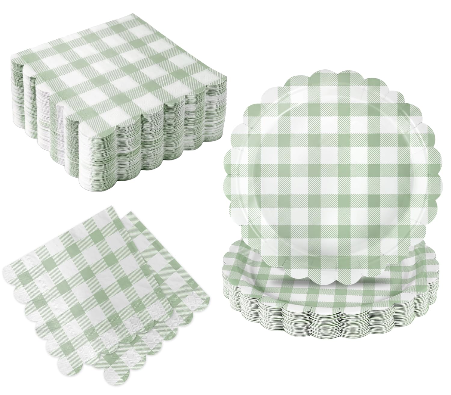 Oigco 50 Pcs Sage Green Gingham Party Supplies, Sage Green Disposable Scalloped Plates and Napkins for Wedding Bridal Shower Birthday Baby Shower, Serves 25