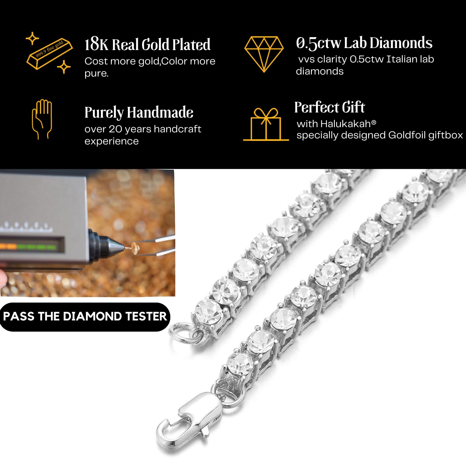 HALUKAKAH Catena da Tennis Uomo Iced out,5.5mm/3mm Catena d'oro Oro Reale 18k/Oro Bianco Platino/Placcato Nero Rodiato Bracciale Collana Girocollo,Diamanti da Laboratorio Set a Mano,Regalo per Lui
