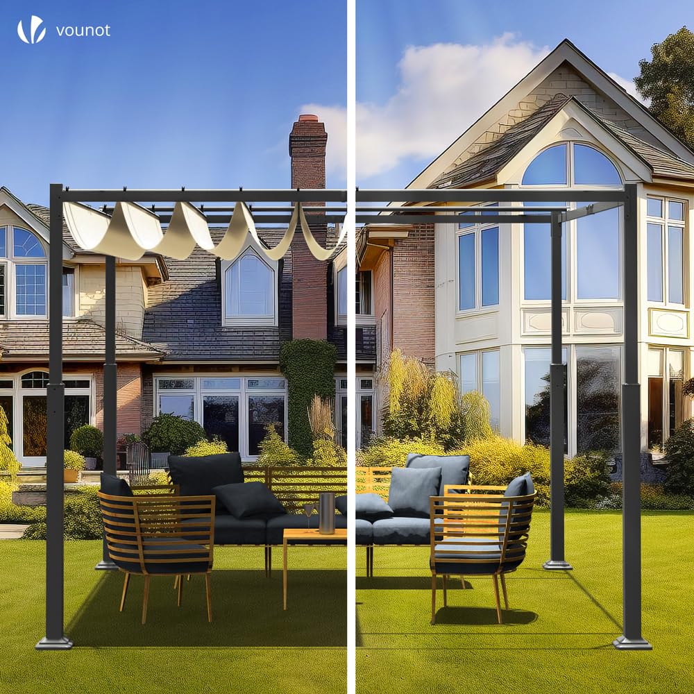 VOUNOT® Cenador Autoportante 3x3m con Techo Retráctil, Pérgola de Jardín con Lona Corredera de Poliéster 180g/m², Estructura Metálica Estable, Diseño Elegante Patio Terraza Exterior Beige Oscuro