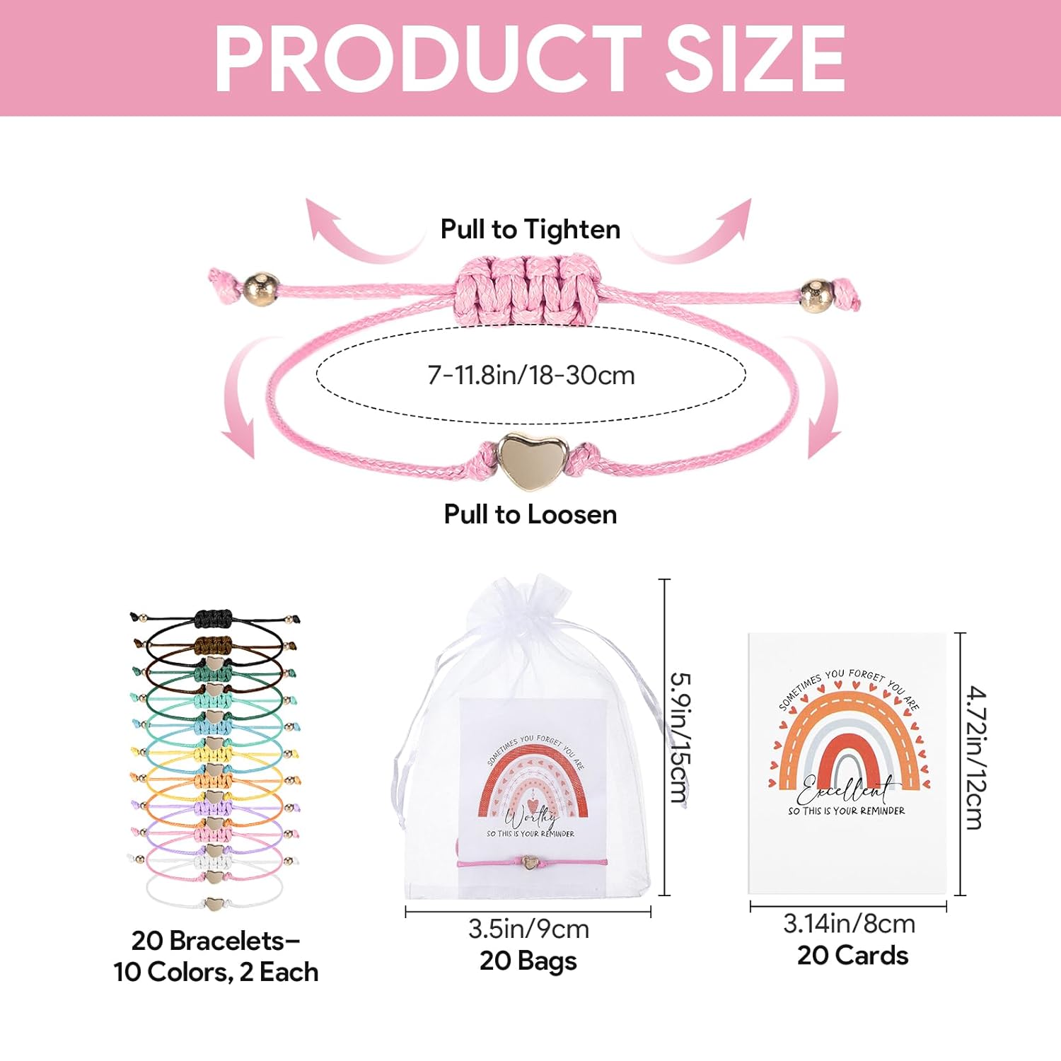 20 Sets Inspirational Gifts for Women String Inspirational Bracelets for Women with Note Card Organza Bag Employee Appreciation Gifts Bulk for Frmale(10 Colors) - Image 3