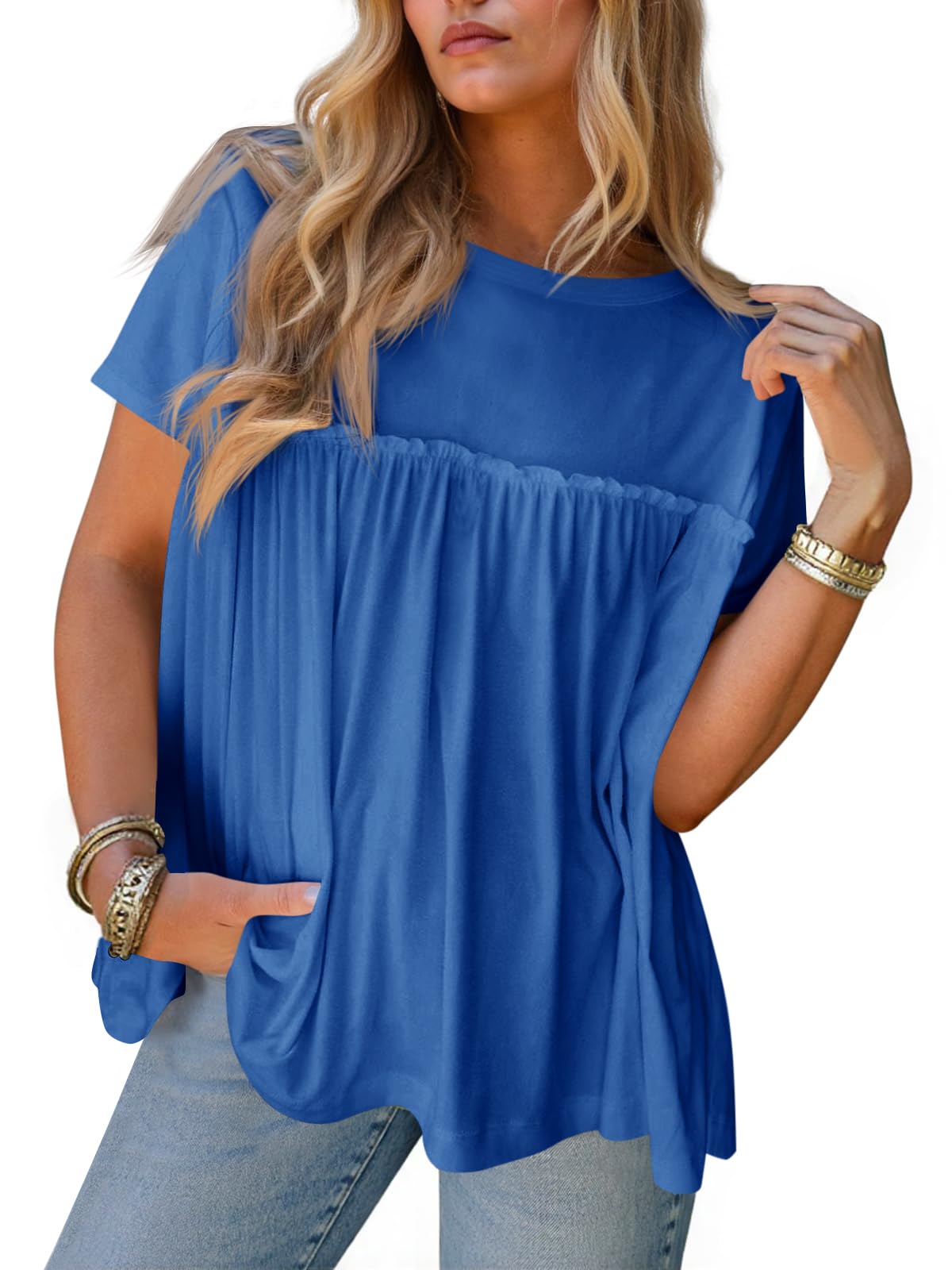 Cicy Bell Babydoll estivo da donna top plissettato manica corta girocollo camicetta peplo casual vestibilità ampia t-shirt