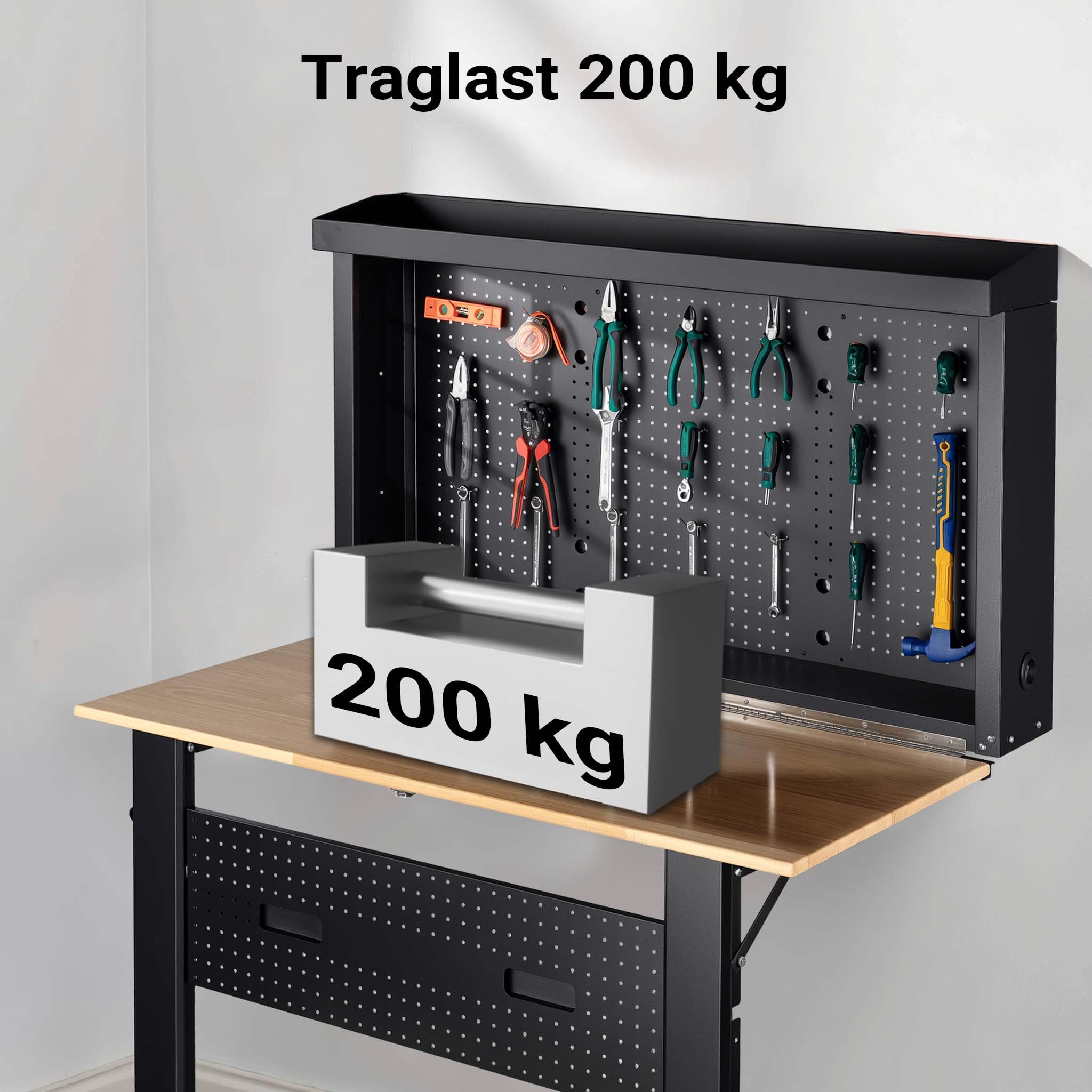 Wiltec Werkbank zur Wandmontage bis 200 kg, klappbare Werkzeugbank 120,5 x 82,5 x 162 cm mit Lochplatte als Rückwand, Werktisch mit Arbeitsplatte aus Holz