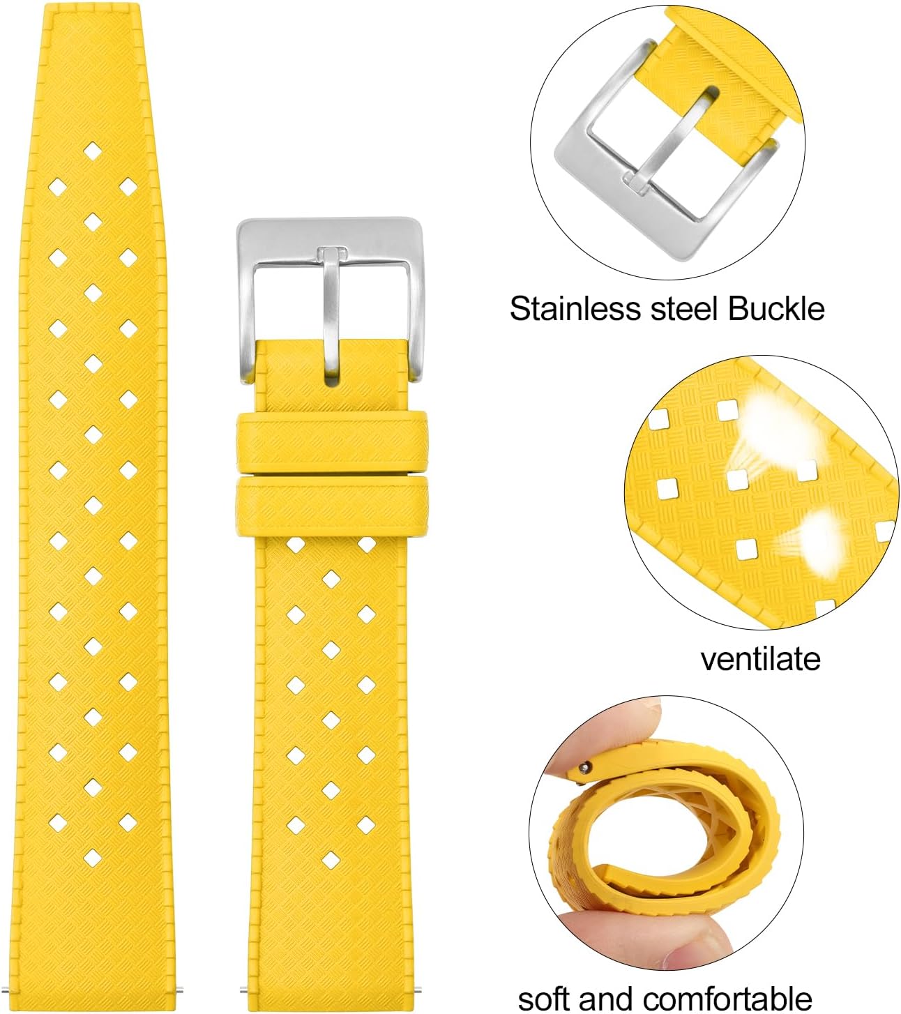 FKM Rubber Watch Strap Fast-Release Tropical Fluororubber 20 mm 22 mm Rubber Watch Band, Soft Breathable Universal Replacement for Men Women Stainless Steel Buckle