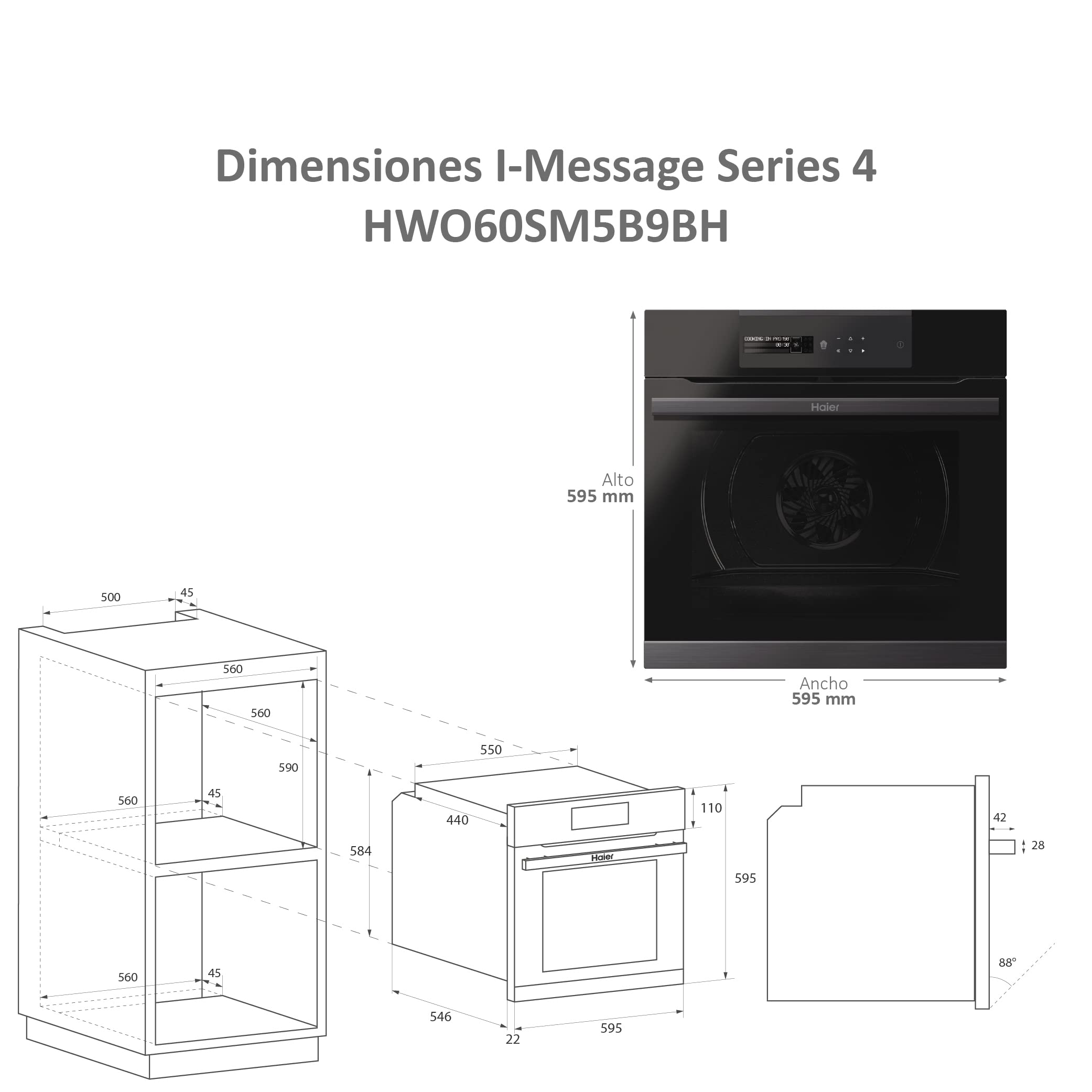 Haier I-Message Serie 4 HWO60SM5B9BH Four pyrolyse - Multi-niveaux, 70L, 9 fonctions, Wi-Fi + BLE, Sonde thermique, Climatech, Double éclairage latéral, Noir, Classe A+