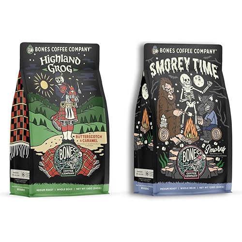 Bones Coffee Company S'morey Time and Highland Grog Whole Bean 12 oz Medium Roast Low Acid Coffee
