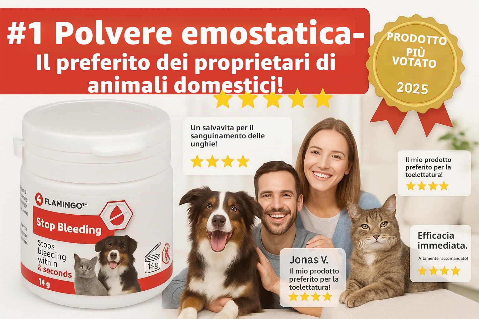 Flamingo Polvere Emostatica per Cani, Gatti e Piccoli Animali – arresta Il sanguinamento in 5 Secondi – per Unghie e ferite superficiali – Effetto lenitivo e disinfettante – Dalko