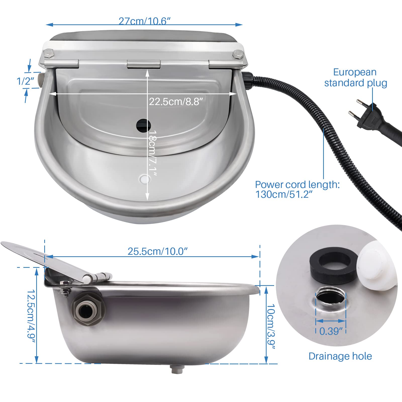 Bebedero de natación con calefacción de 24 V/220 V con tapón de desagüe de acero inoxidable calentado Termostato automático a prueba de heladas, bebidas para caballos de ganado ovejas (220 V)