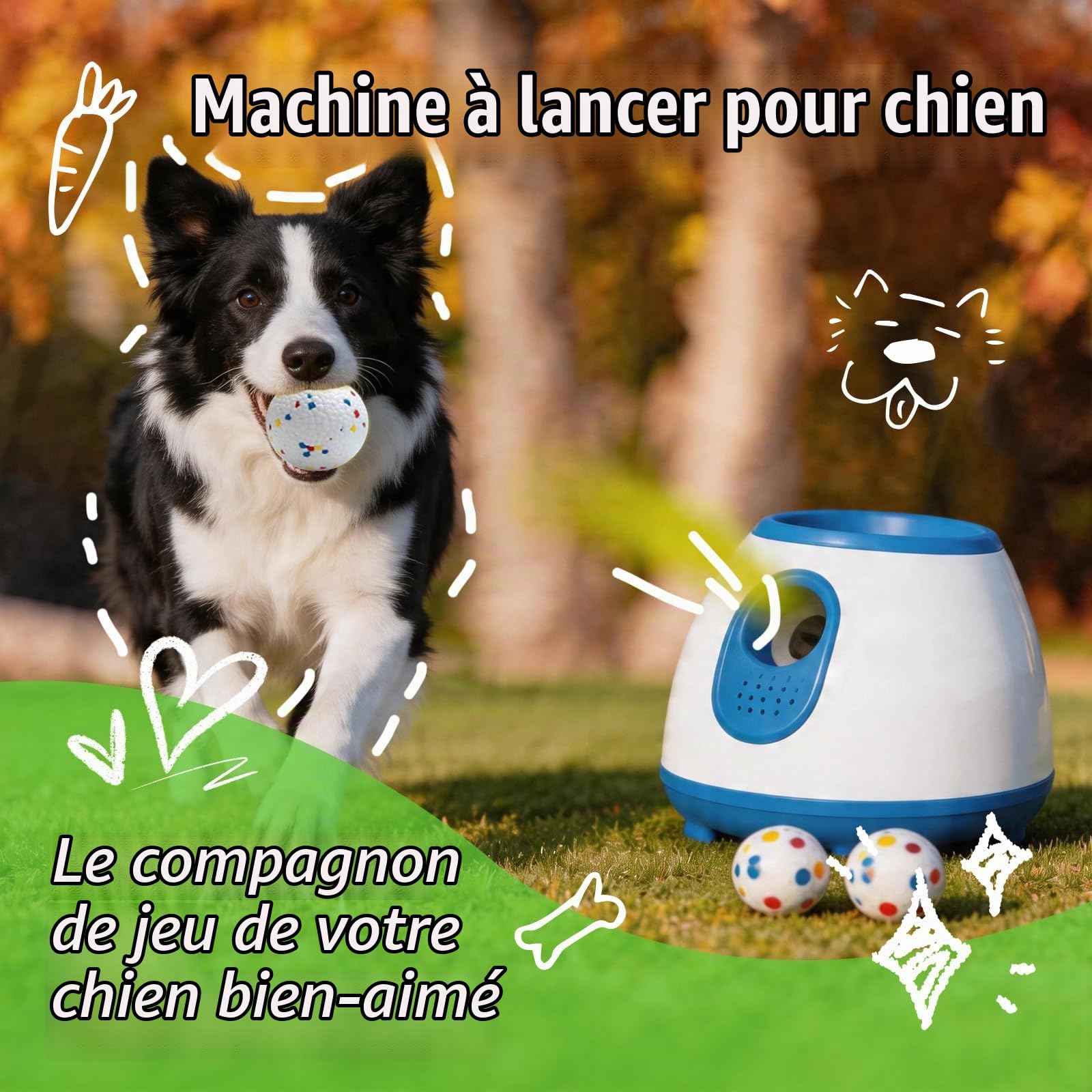 Lanceur de balles automatique pour chiens – Machine interactive de lancer de balles avec 3 distances de lancer réglables, incl. 6 balles de tennis, pour chiens de petite et moyenne taille