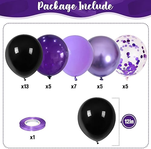 Miniatura 2 de Globos morados y negros, globos de luz púrpura oscuro de 12 pulgadas con confeti morado metálico, juego de globos de látex para niñas y mujeres,