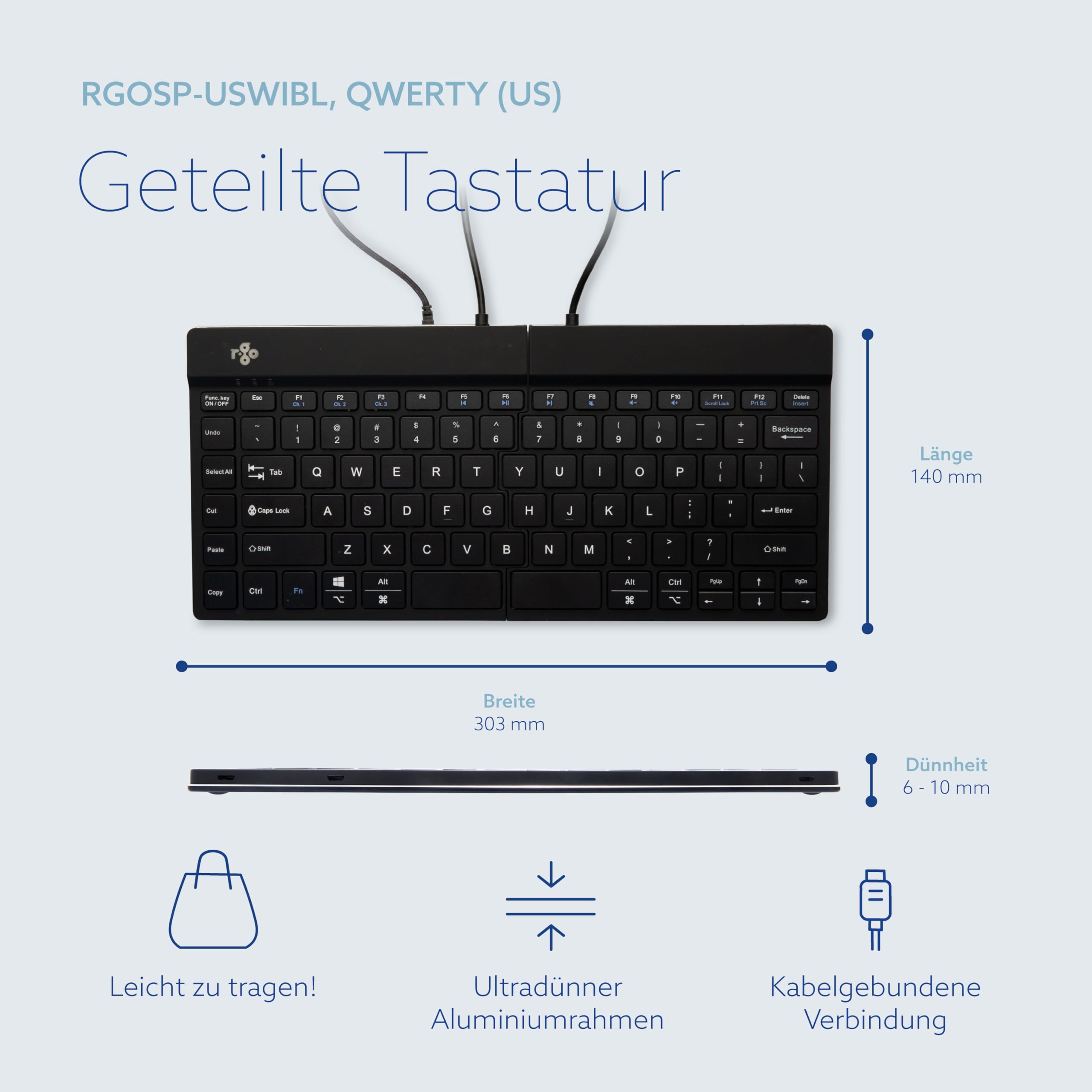 R-Go Split Tastatur Zweiteilig, Ergonomische Design mit Geteilte Tastenfeld und Integrierter Pausenanzeige, QWERTY (US) Layout, USB-C/A Kabelgebunden, Schwarz, Version 2