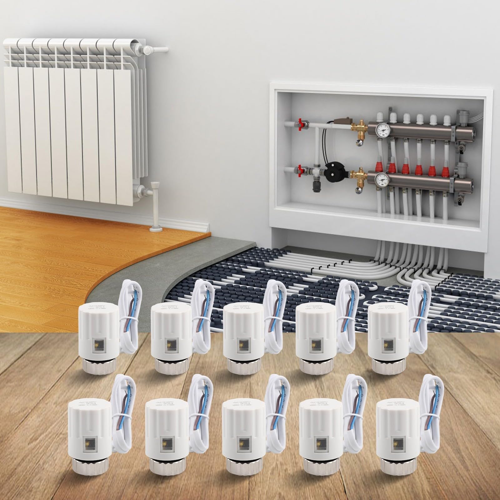 10 sztuk elektrycznego aktora grzewczego 230 V normalnie otwarty M30 x 1,5 IP44 do ogrzewania podłogowego i rozdzielacza, łatwa instalacja z programowalnymi regulatorami, biały