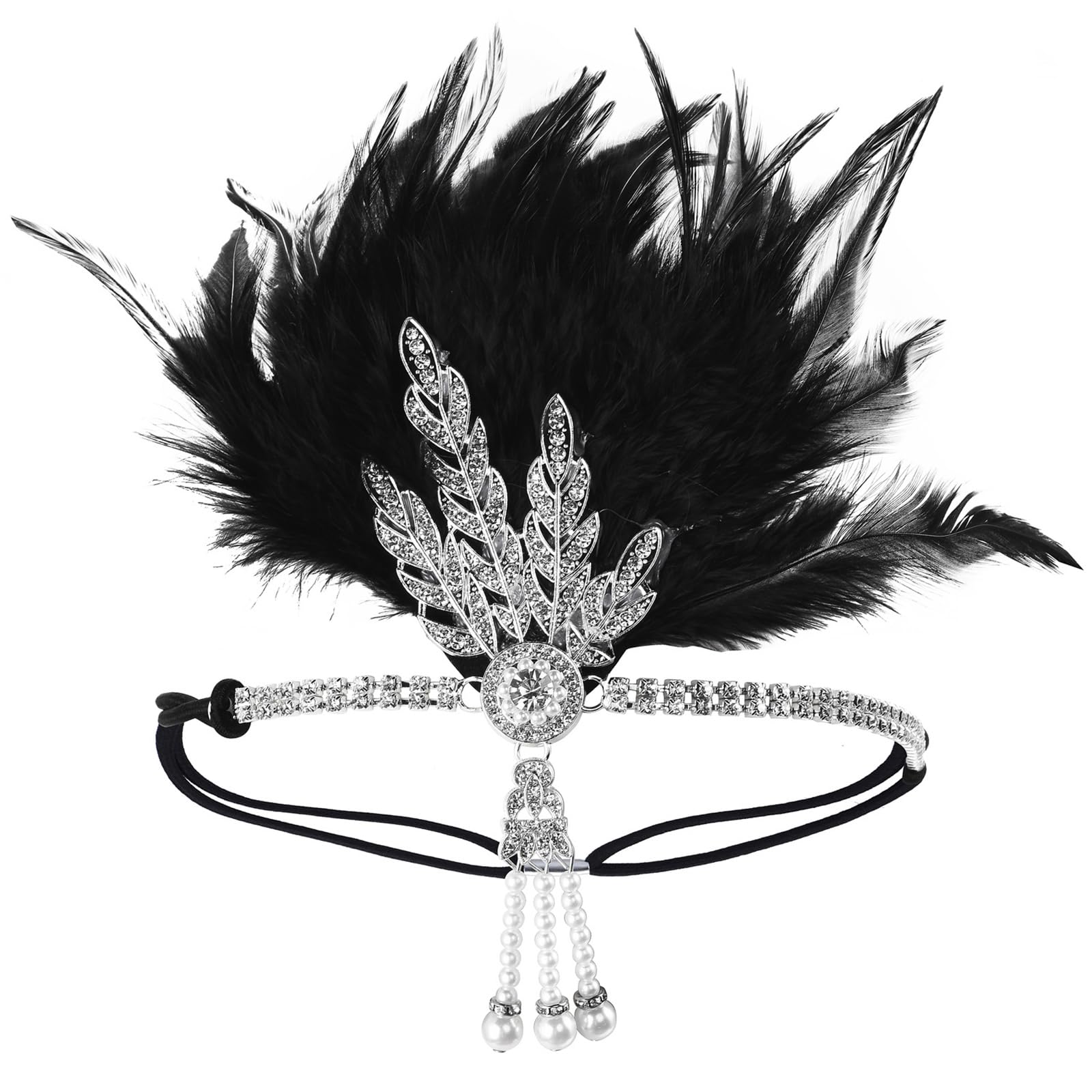 YUXITA 1920s Elegant Rhinestones Feathered Hairband For Wedding Party and Formal Event Comfortable Elastic Band Headwear