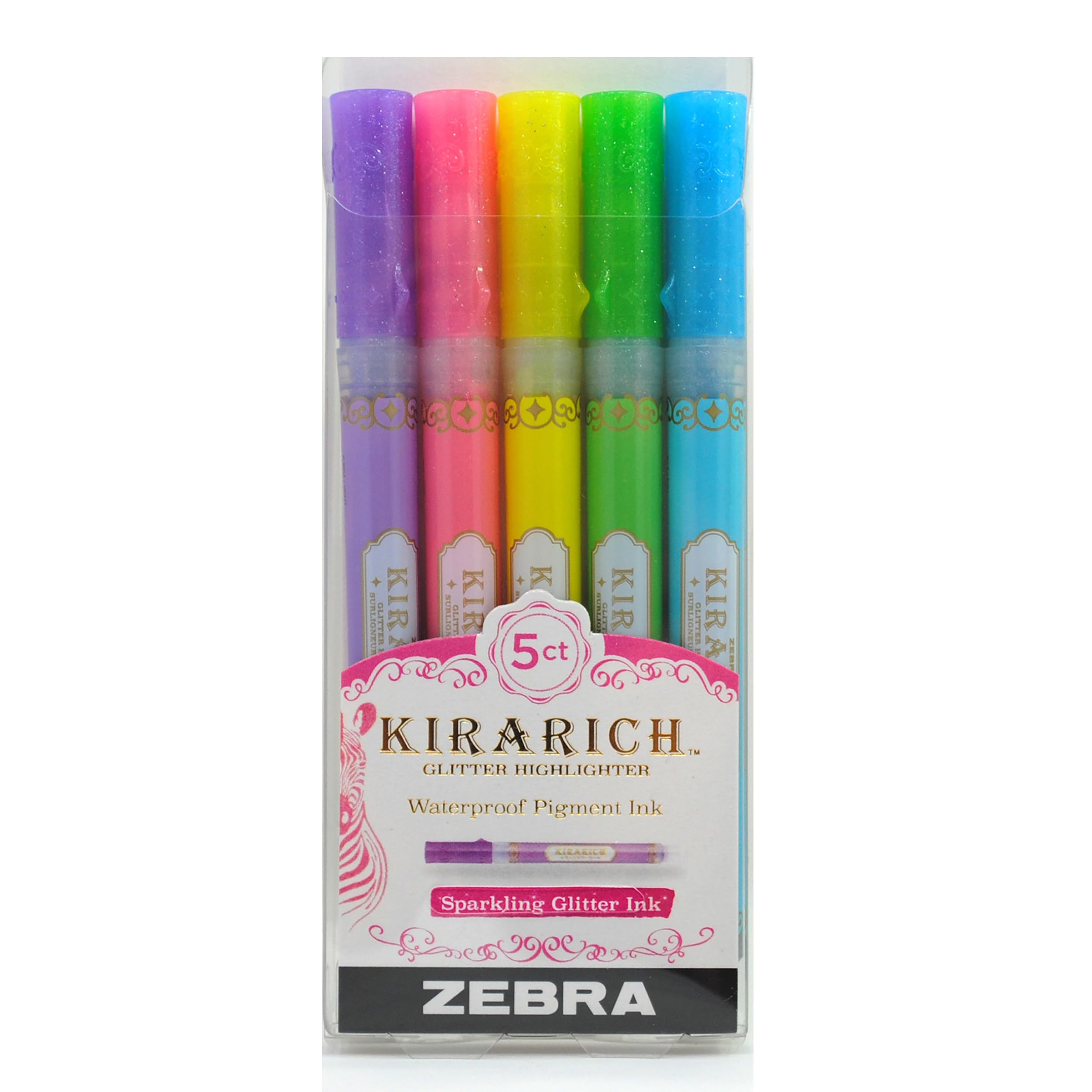 Zebra Pen Kirarich Highlighter, Glitter Affect, Chisel Tip, Assorted Colors, 5-Count | Pigmenttinte auf Wasserbasis mit Glitzereffekt, Keilspitze, ideal zum Hervorheben von Notizen, Journalen und Planern (71605)