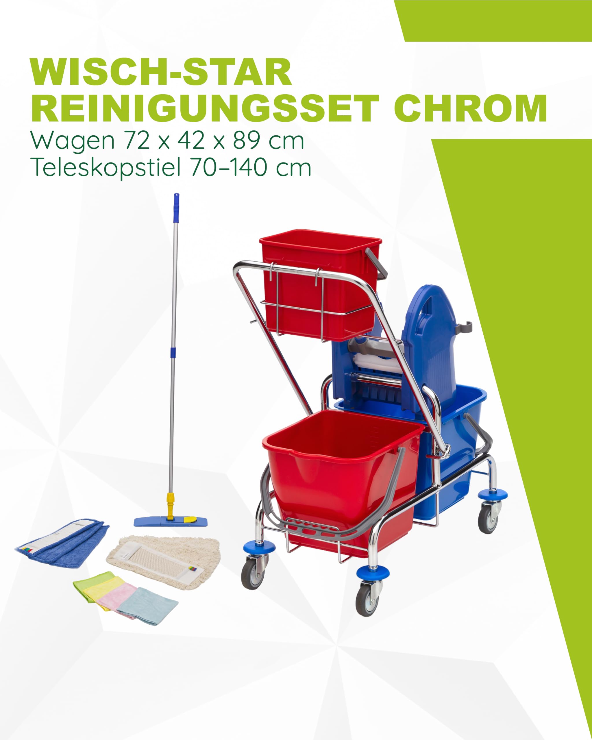 Wisch-Star Wischmopp Set mit Eimer, Chrom-Rollwagen, 40 cm, 13-teilig | Bodenwischer Set aus Chrom, 3-Eimer-System mit Presse, 6 Mopps und 4 Tücher, Teleskopstiel 70–140 cm, Maße 72x42x89 cm