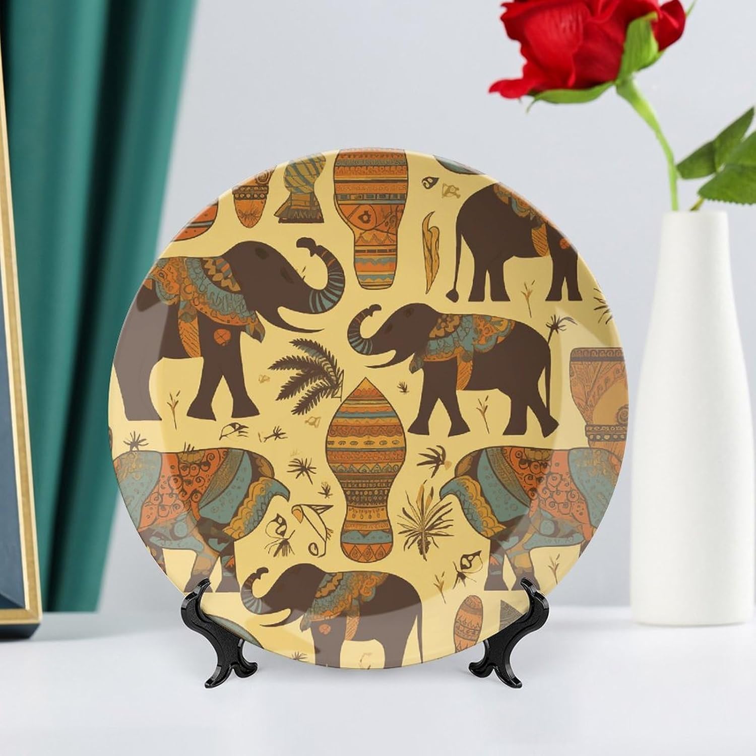 Africa Elephant Bone China Decorative Plate with Display Stand, Ceramic Ornaments Plate for Wall Hanging, Personalized Porcelain Plates for Office, Living Room 10inch