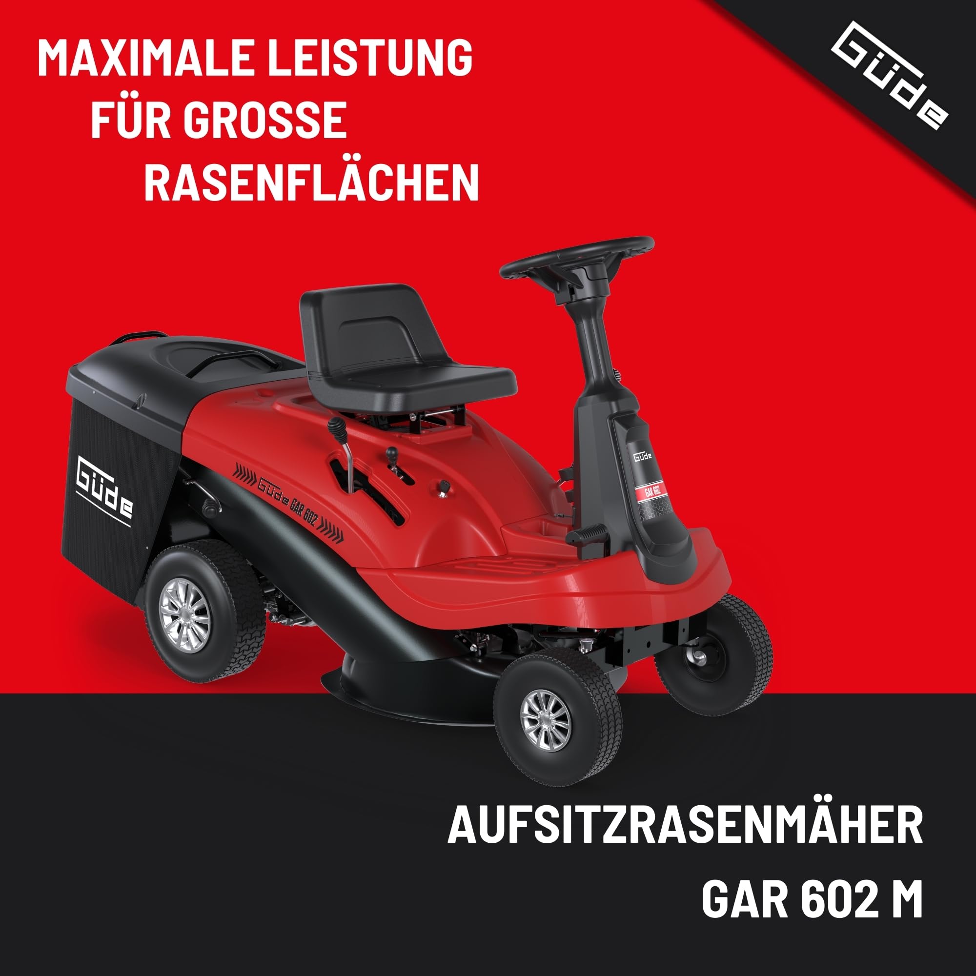 Güde GAR 602 M Aufsitzrasenmäher - 4-Takt Motor, 224 Kubikzentimeter Hubraum, 5 Kilowatt, 6,8 PS, 61 Zentimeter Schnittbreite, 5-fache Schnitthöhenverstellung, 5-Gang Schaltung, 4,6 km/h, E-Start