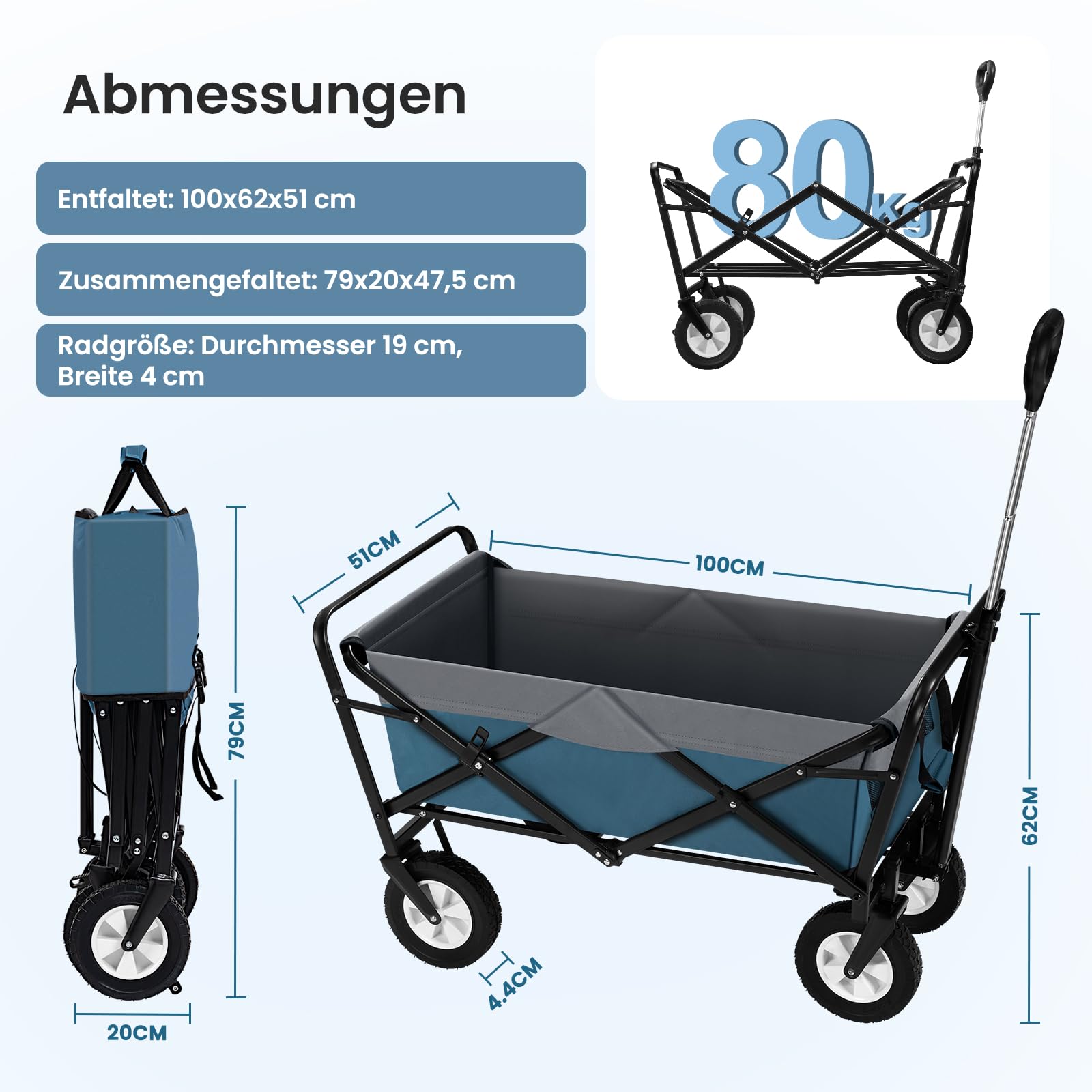 EUGAD Bollerwagen faltbar klappbar Transportkarre Handwagen mit 4 Rollen für Camping Einkaufen belastbar bis 80kg, Blau