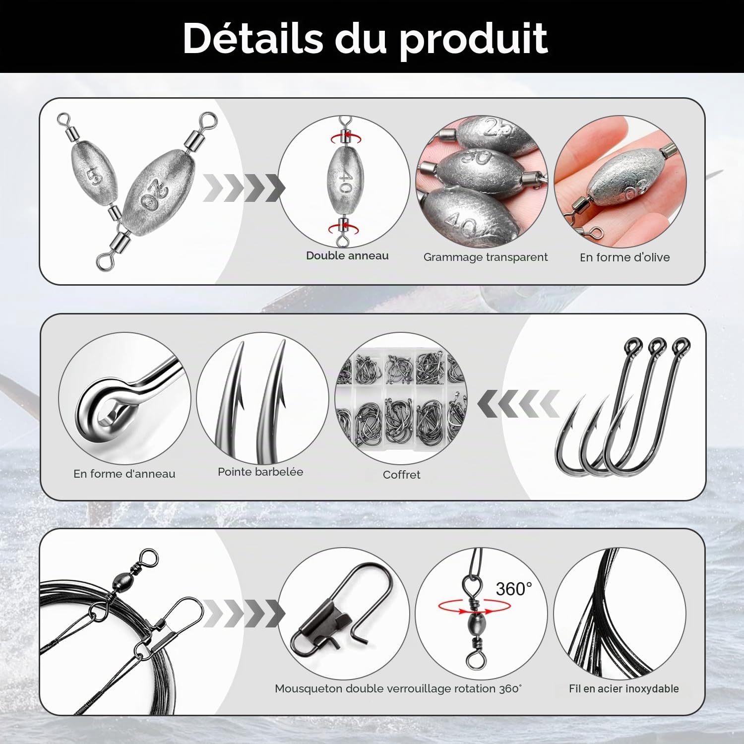 134 Pièces Plomb Pêche Mer Carpe en Forme d'Olive avec Émerillon Set Poids 5-60g