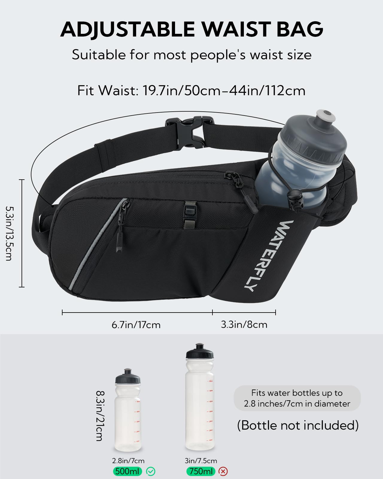 Waterfly Sac Banane Homme Femme: Ceinture de Course avec Porte Bouteille Unisexe Bumbag avec 5 Poches Petite Sacoche Banane de Sport pour Randonnée Cyclisme Balade Ville Vacances Noir