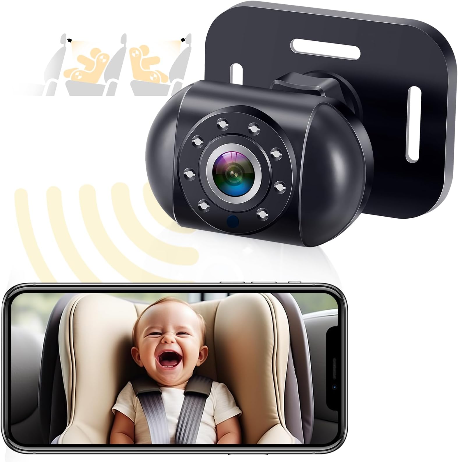 Baby Car Camera for Backseat: Battery Powered Easy Setup Video Record - HD 1080P Infant Carseat Camera for iPhone Only - Clear Night Vision Rear Facing for 2 Kids - V12