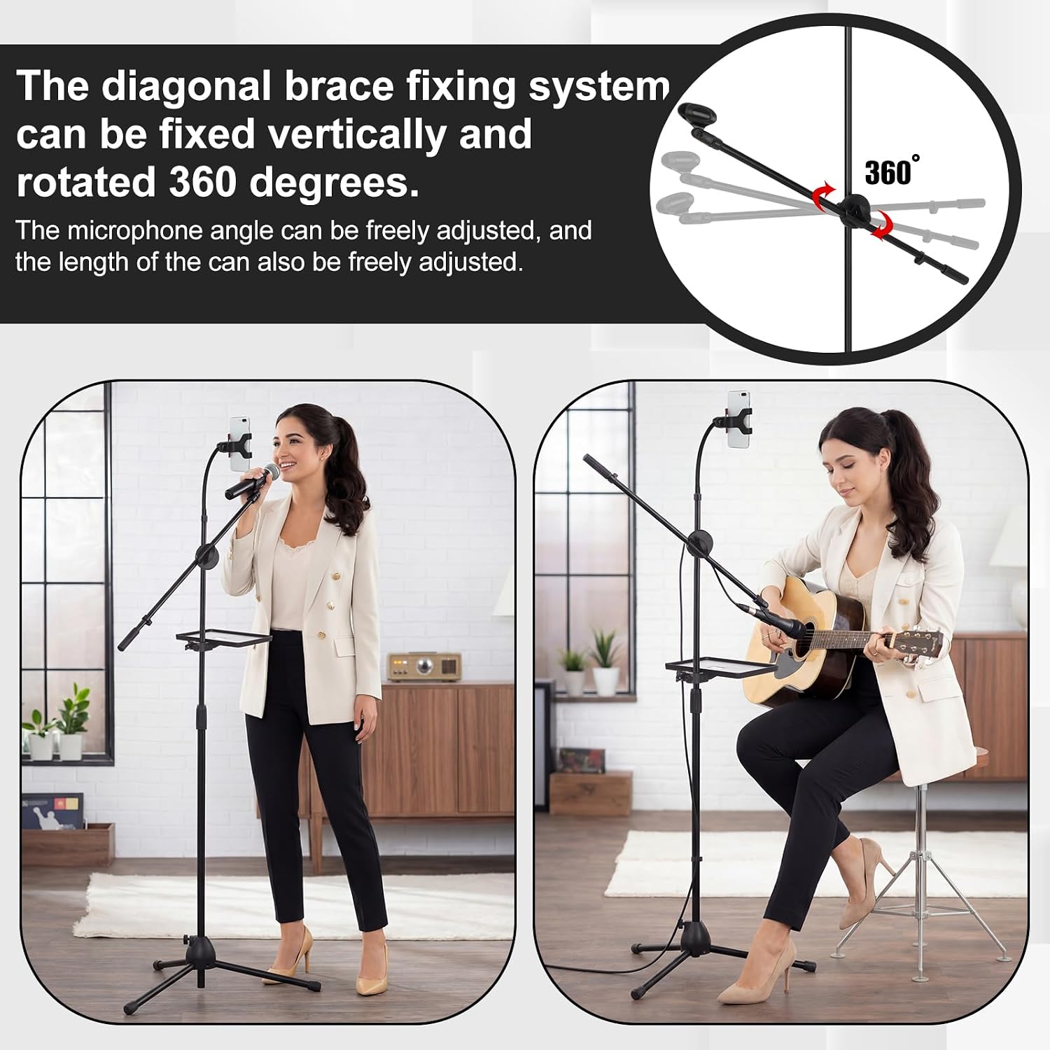 Tellegloww Microphone Floor Stand with Tray, Phone Holder and Boom Arm, Adjustable Height and Angle, Heavy-duty Stable Base, 59-70 Inch Hands-free Stage Mic Stand for Streaming, Karaoke, Recording