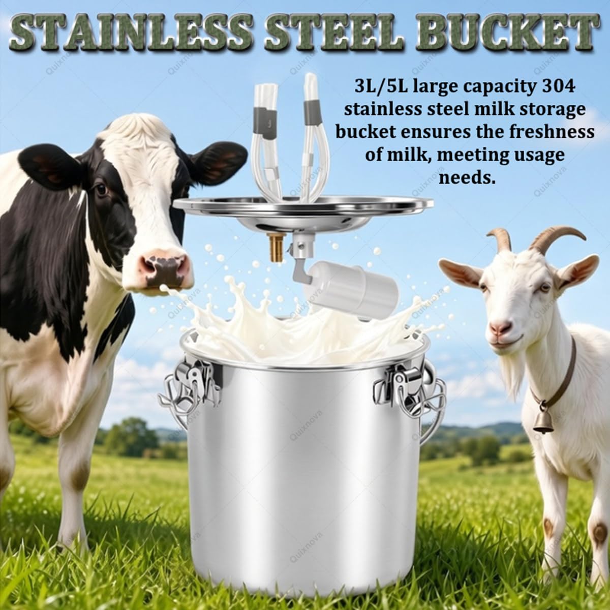 Mungitrice elettrica automatica portatile per capre, mucche e pecore – Attrezzatura a pulsazione sottovuoto con 2 tettarelle e secchio in acciaio inox (3L/5L) per piccole aziende agricole Goat-5L