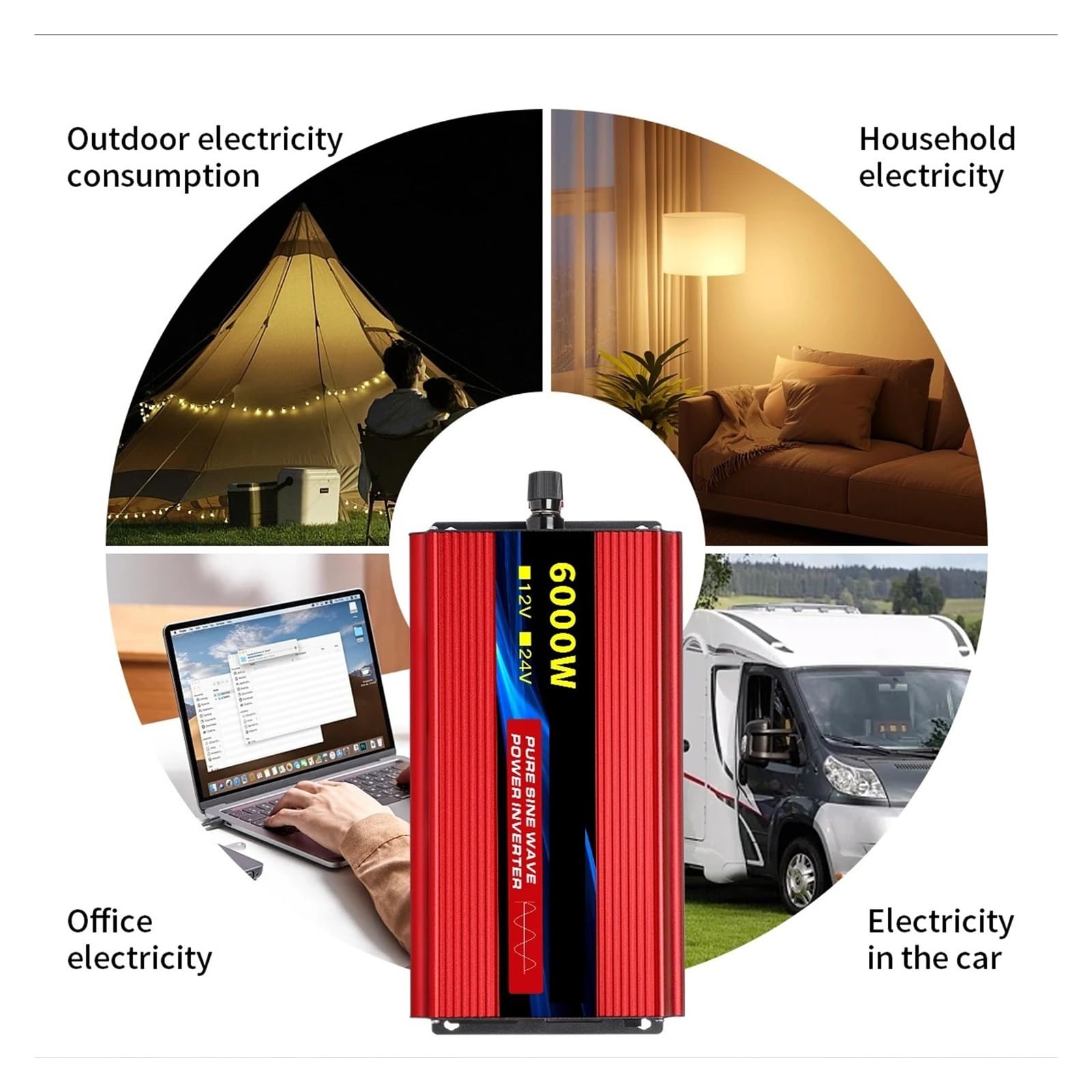Falownik mocy, Przetwornica napięcia z falą sinusoidalną i portami typu C, 2 gniazda zasilania prądem zmiennym, wyświetlacz LCD(2500W,12V)