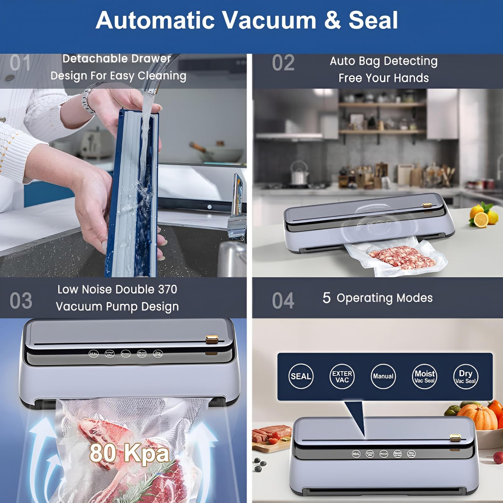 Máquina selladora al vacío, ahorradora de alimentos con succión de 85 Kpa, detección automática de alimentos secos y húmedos, incluye rollos, bolsas y cortador para almacenamiento de cocina