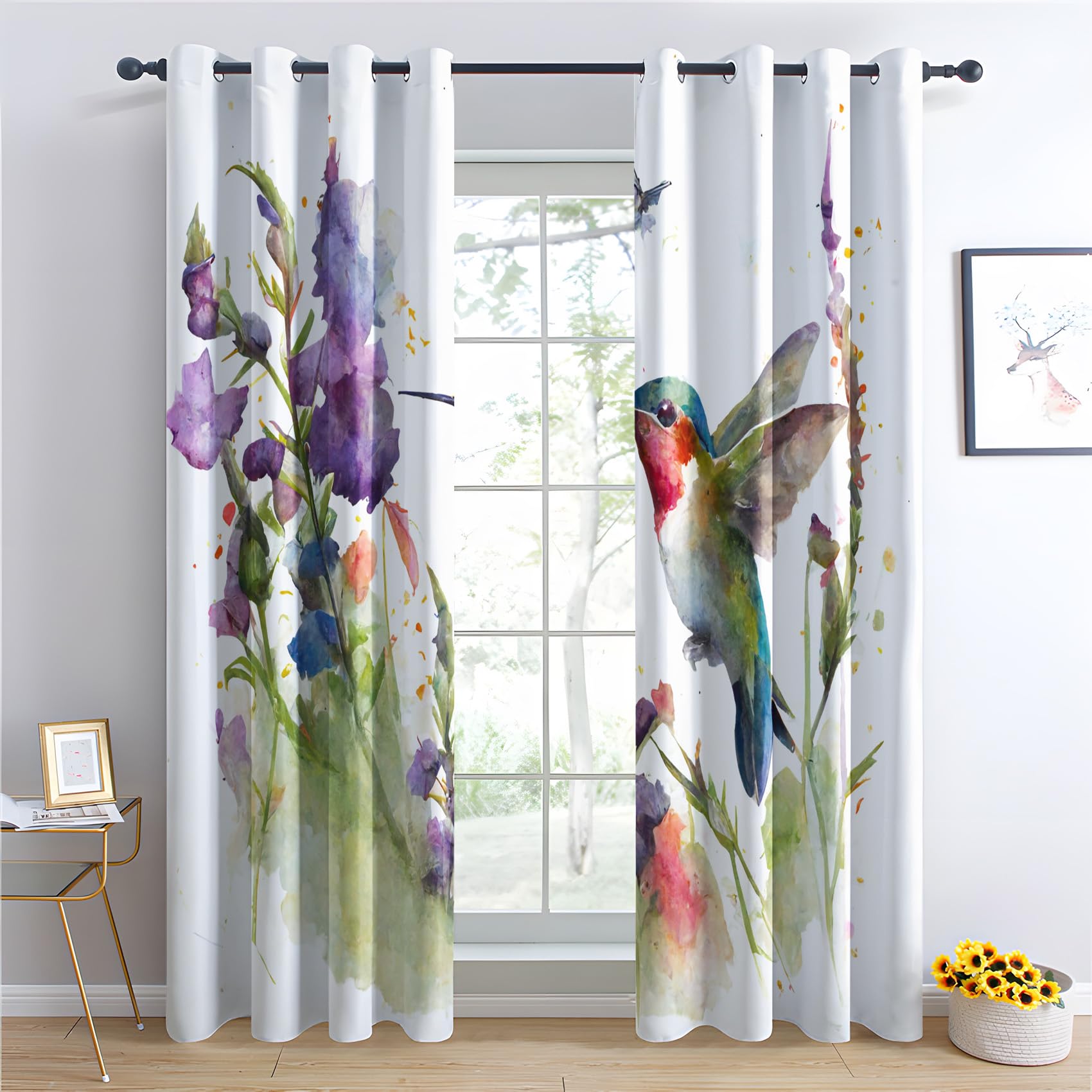 Rideau Occultant Colibri - Isolant Thermique pour Salon Chambre, Motif Fleurs, Opaque à Œillets, Lot de 2 Draperies Intérieur 140x200cm LxH