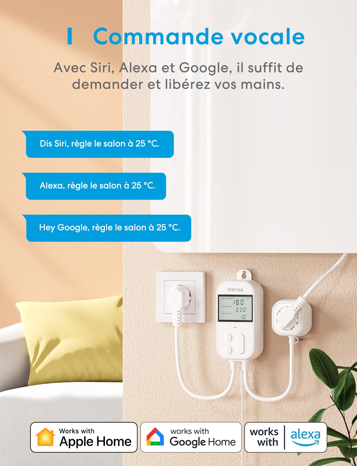 Meross Prise Thermostat Connectée WiFi pour Reptile Terrarium, ±0.5°C avec Sonde IP68, Régulateur Chauffage Refroidissement Compatible HomeKit Alexa, Contrôle à Distance pour Incubateur Serre