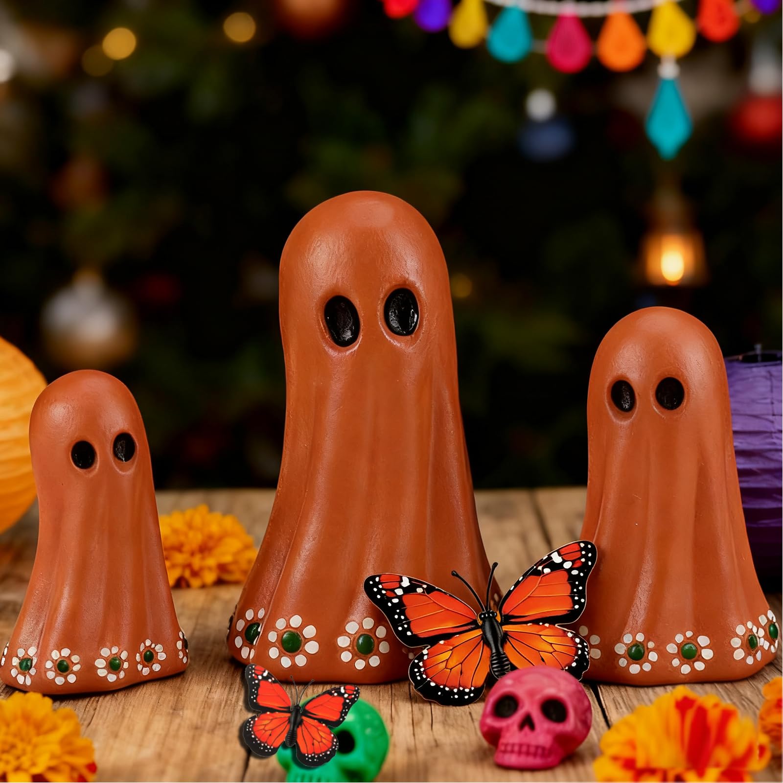 geelin 3 pcs christmas mexican ghost figurines resin christmas muertos terracotta ghost tabletop decor terracotta floral centerpiece for mexican xmas home decoration indoor