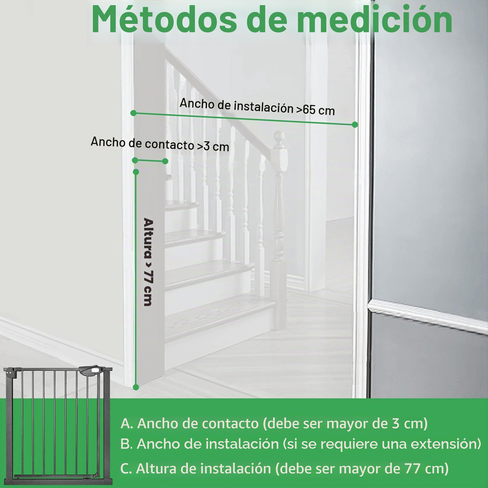 Barrera de seguridad para escaleras sin taladrar, 75-85 cm, para niños y mascotas, apertura con una sola mano, color negro