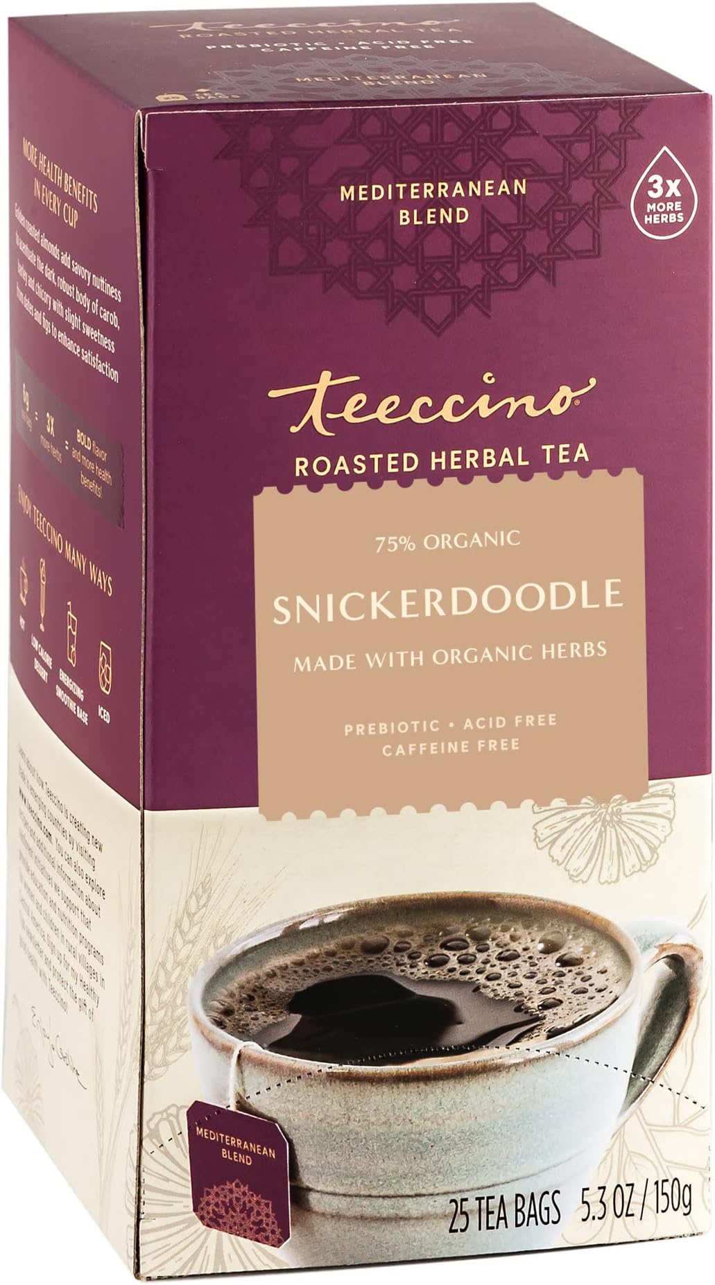 Teeccino Snickerdoodle Herbal Tea - Dessert Beverage That’s Prebiotic, Caffeine-Free & Acid Free, 25 Tea Bags